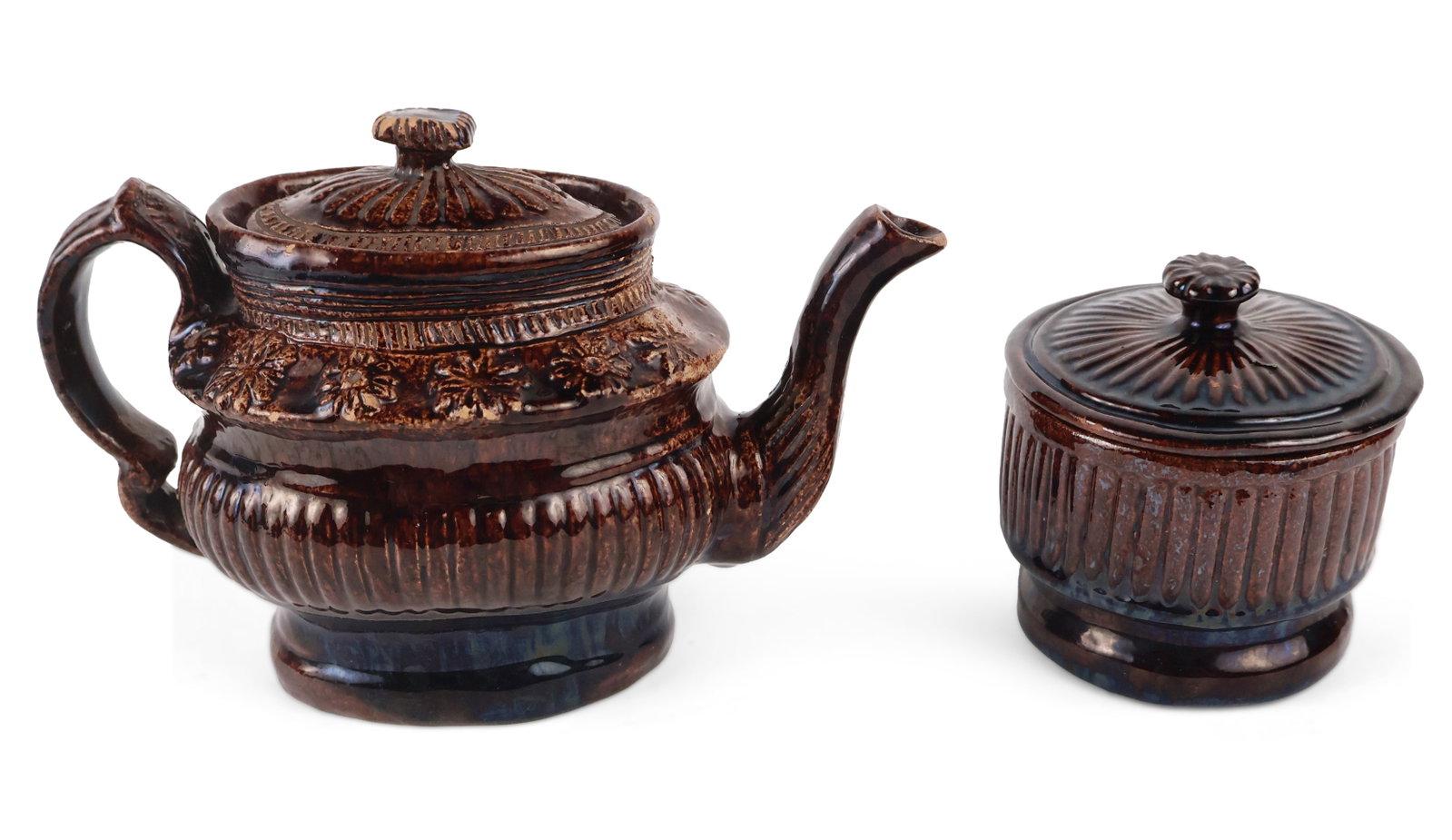 American Brown-Glazed Relief-Molded Redware / Earthenware Teapot and Sugar Bowl (Possibly (1 of 13)