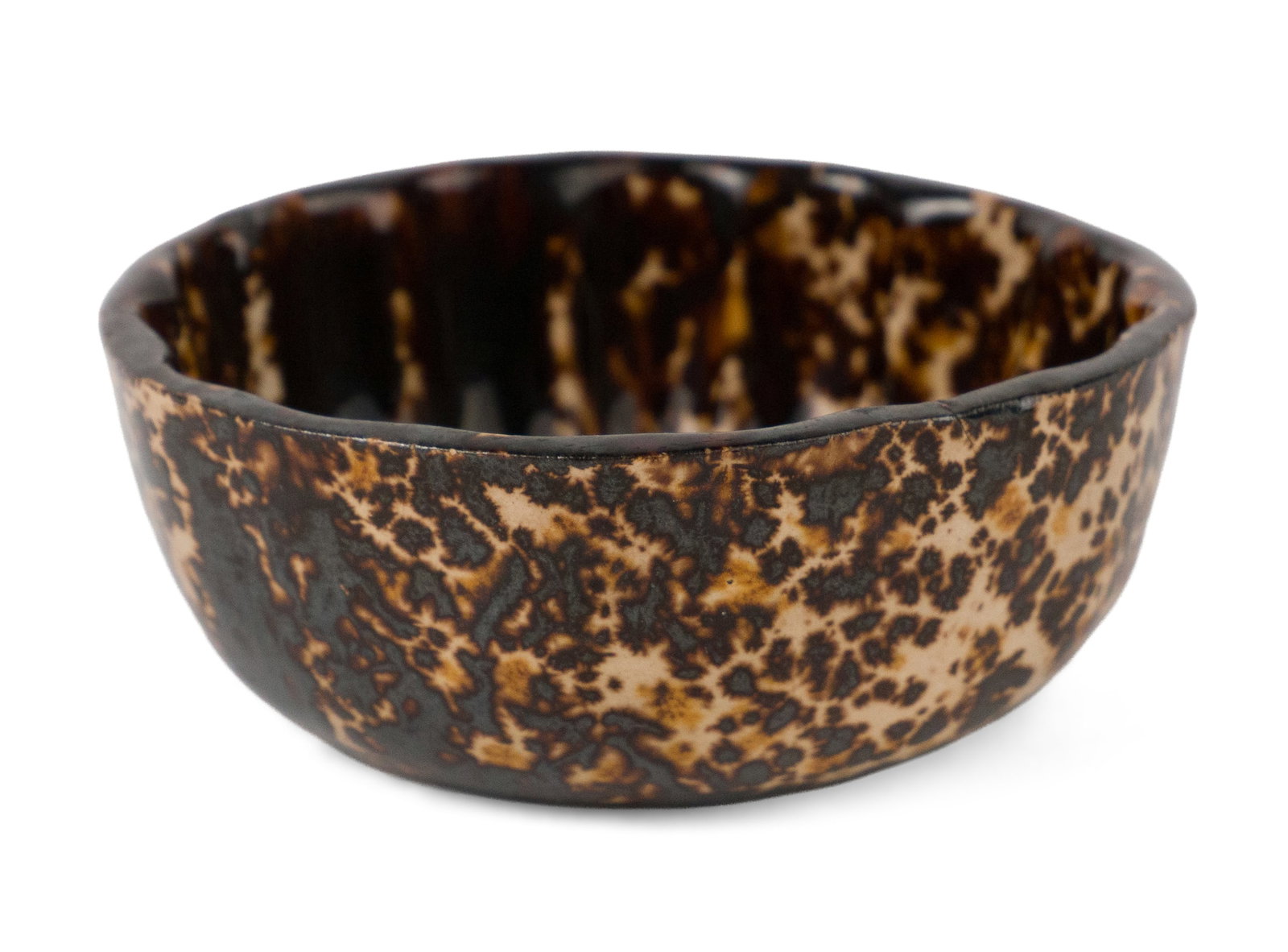 Bennington Attributed Miniature Flint-Enamel / Rockingham-Glazed Food Mold: Bennington Attributed Miniature Flint-Enamel / Rockingham-Glazed Food Mold Tan and dark-brown speckled Rockingham glaze over buff-colored earthenware body, round form with smooth exterior and fluted i