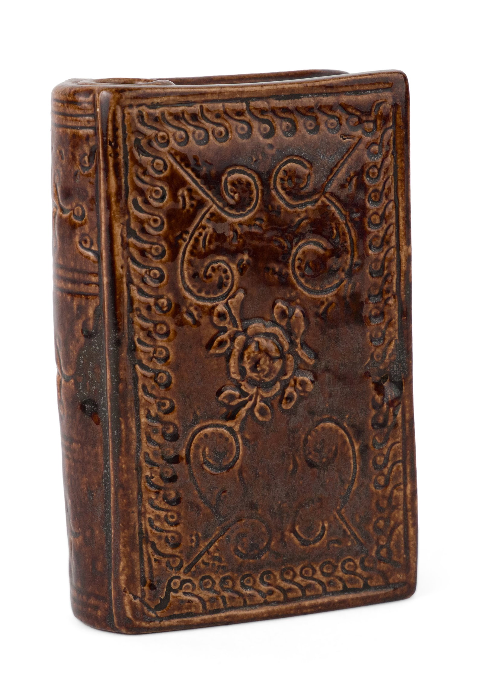 Rockingham-Glazed Figural Book Flask with Sprigged and Incised Decoration: Rockingham-Glazed Figural Book Flask with Sprigged and Incised Decoration Thick dark-brown Rockingham glaze over buff earthenware body, molded with inset covers and delineated pages, featuring all-ove
