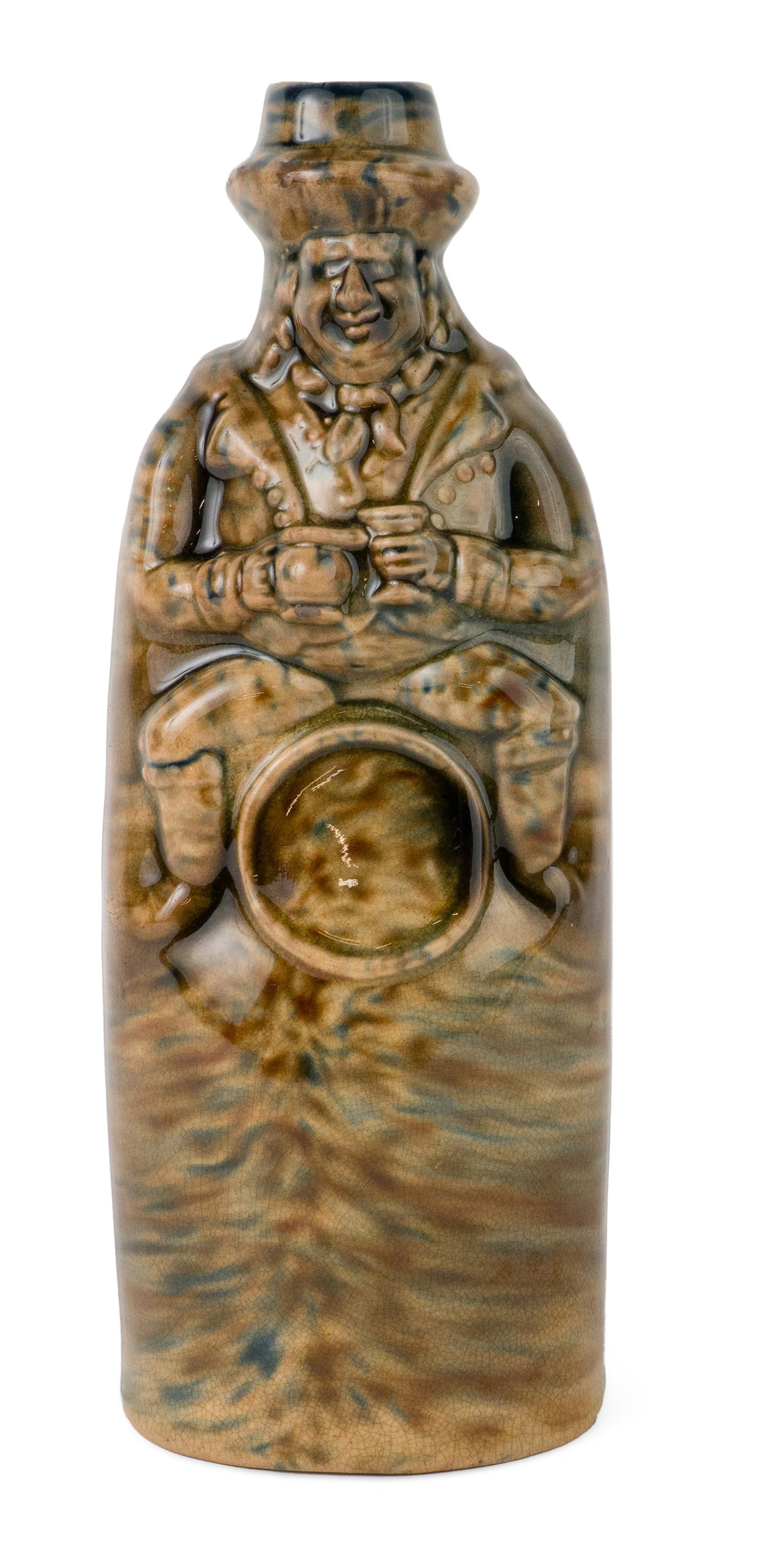 American Flint-Enamel / Rockingham-Glazed Figural "Toby on a Barrel" Yellowware Flask / Bottle,: American Flint-Enamel / Rockingham-Glazed Figural "Toby on a Barrel" Yellowware Flask / Bottle, Possibly Bennington VT Drippy blue and brown glazes with fantastic mottling amidst a thick clear lead gl