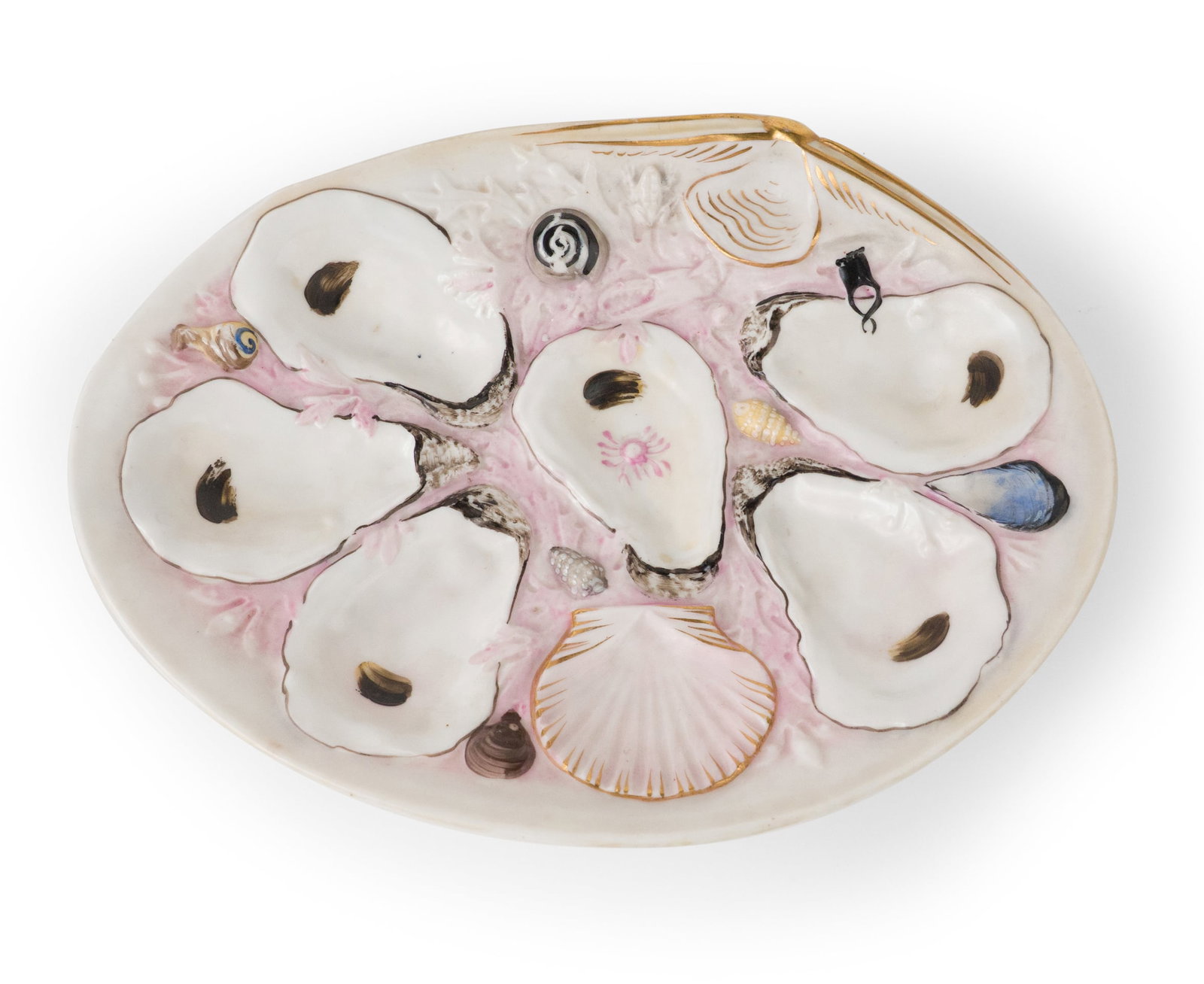 Tiffany & Co. Retailed UPW / Union Porcelain Works (Brooklyn, NY) Large-Sized Oyster Plate: Tiffany & Co. Retailed UPW / Union Porcelain Works (Brooklyn, NY) Large-Sized Oyster Plate Glossy white porcelain, minimal gilt highlights around thumbrest and on the scallop shell, naturalistic polyc