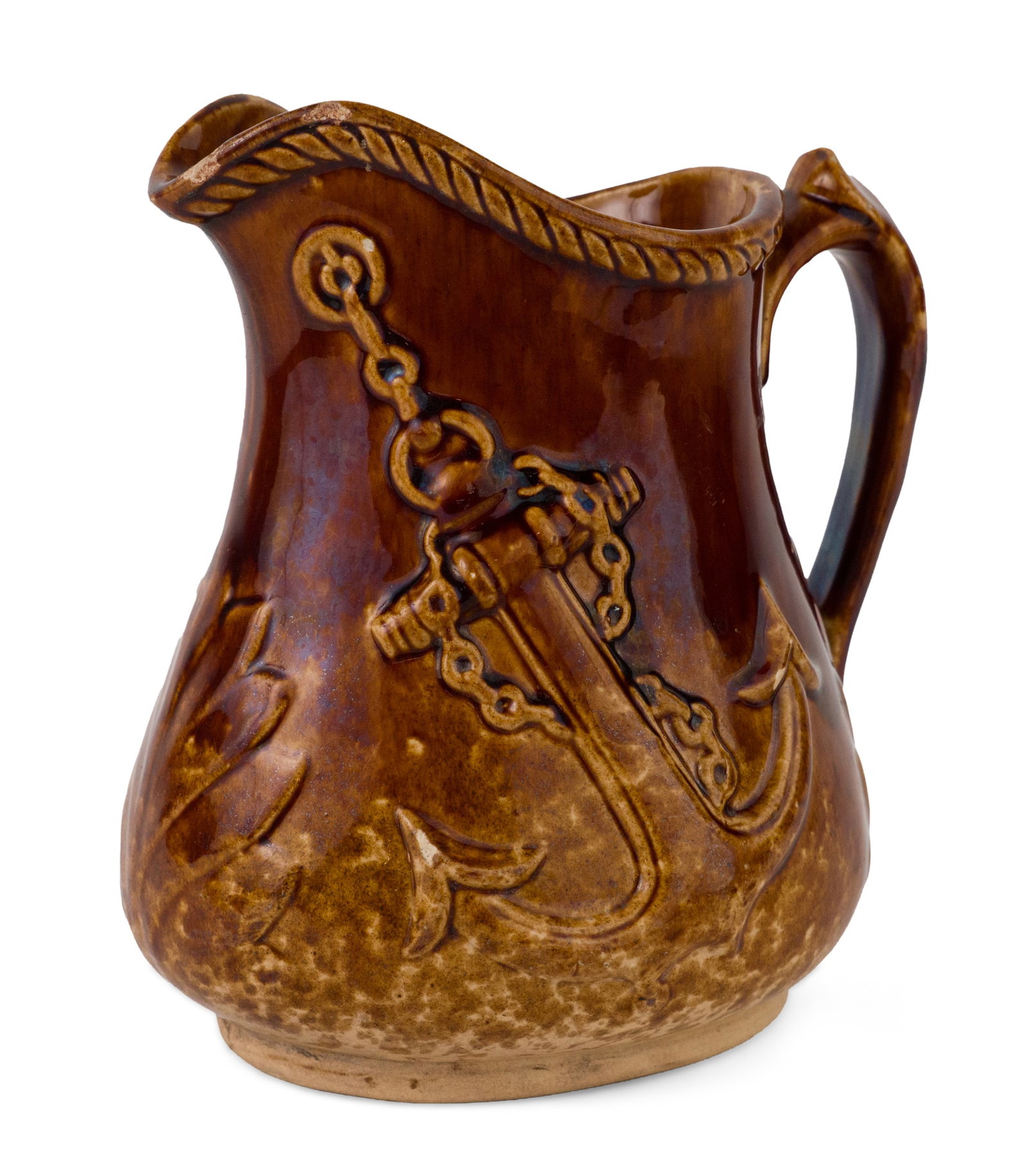 Stamped "S.P. Co." (Speeler Pottery Co., Trenton NJ) Rockingham-Glazed Relief-Molded Anchor Pitcher (1 of 10)