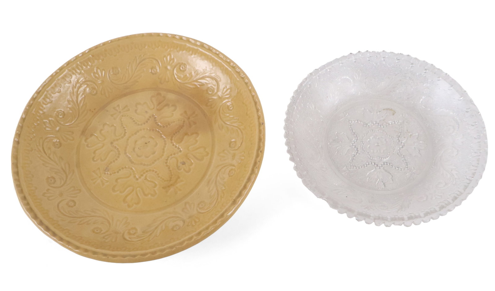 American Yellowware Nappy / Dish with Relief Decoration from Pressed Lacy Glass Plate: American Yellowware Nappy / Dish with Relief Decoration from Pressed Lacy Glass Plate Lead-glazed yellowware shaped in a shallow round form and impressed with a pattern to its top surface, plus the so