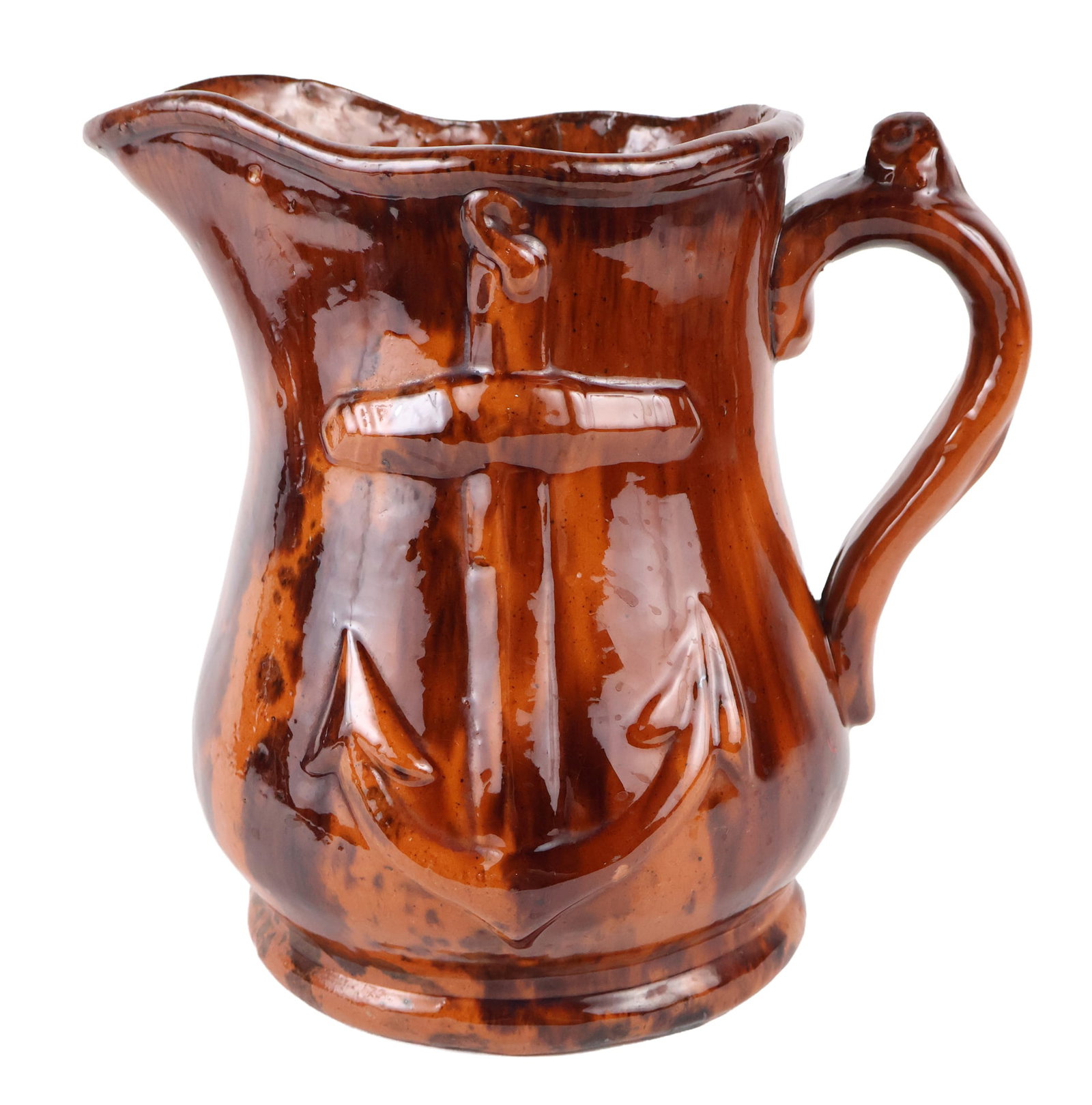 Relief-Molded American Redware Anchor Pitcher, possibly NJ or Pennsylvania: Relief-Molded American Redware Anchor Pitcher, possibly NJ or Pennsylvania Streaked and splotched manganese amidst a thick clear lead glaze over red earthenware body, tall pear shape relief molded wit