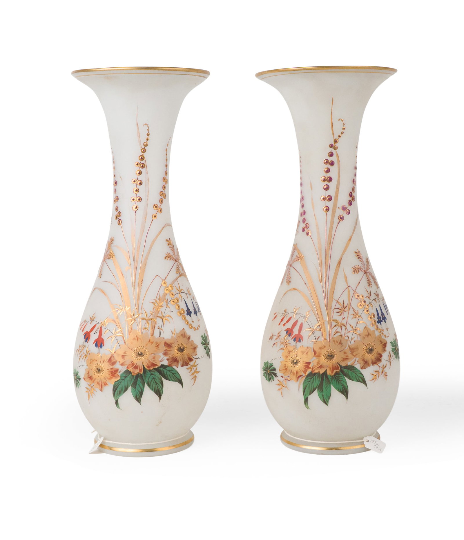 Pair of Enameled Floral Decorated Opaline Glass Vases: Pair of Enameled Floral Decorated Opaline Glass Vases Probably French, late 19th C. Provenance: Property Approved for Deaccession from a Distinguished New England Museum 18 x 6 3/4 in. (45.7 x 17.1