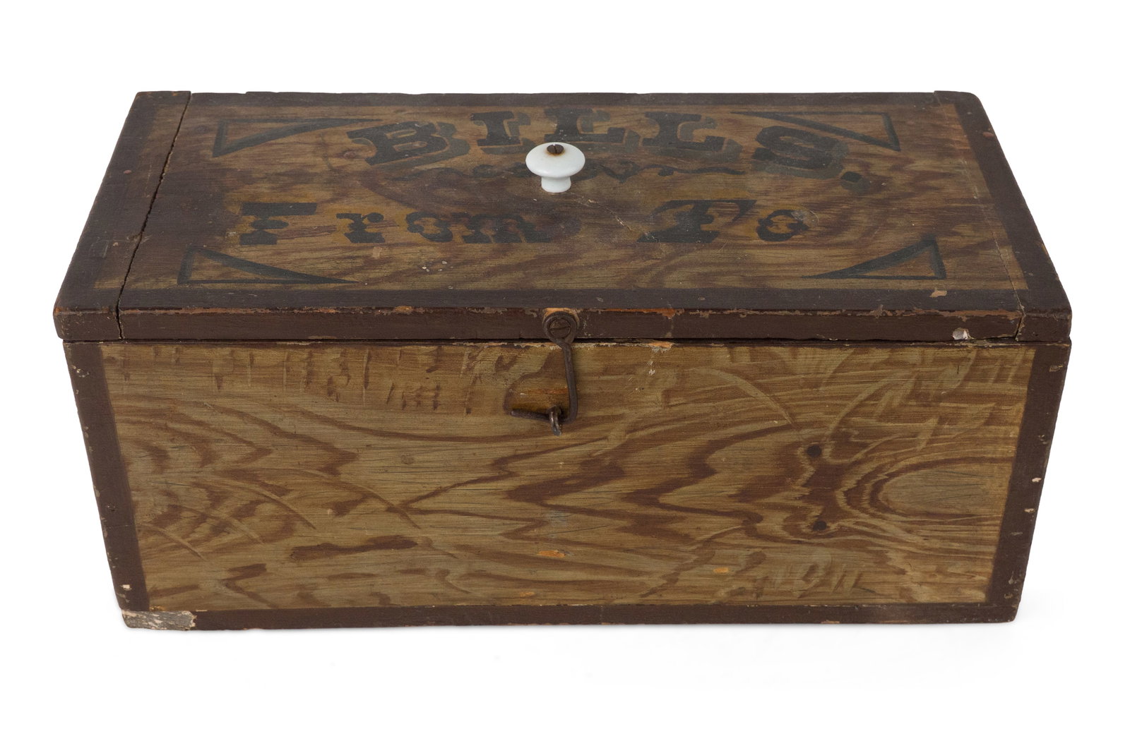 Grain Painted Maple Lift-Top Box: Grain Painted Maple Lift-Top Box New England, 19th/20th C. Marked Bills From To Provenance: Property from a Private New England Collection 6 3/4 x 15 3/4 x 7 1/2 in. (17.1 x 40 x 19.1 cm.)