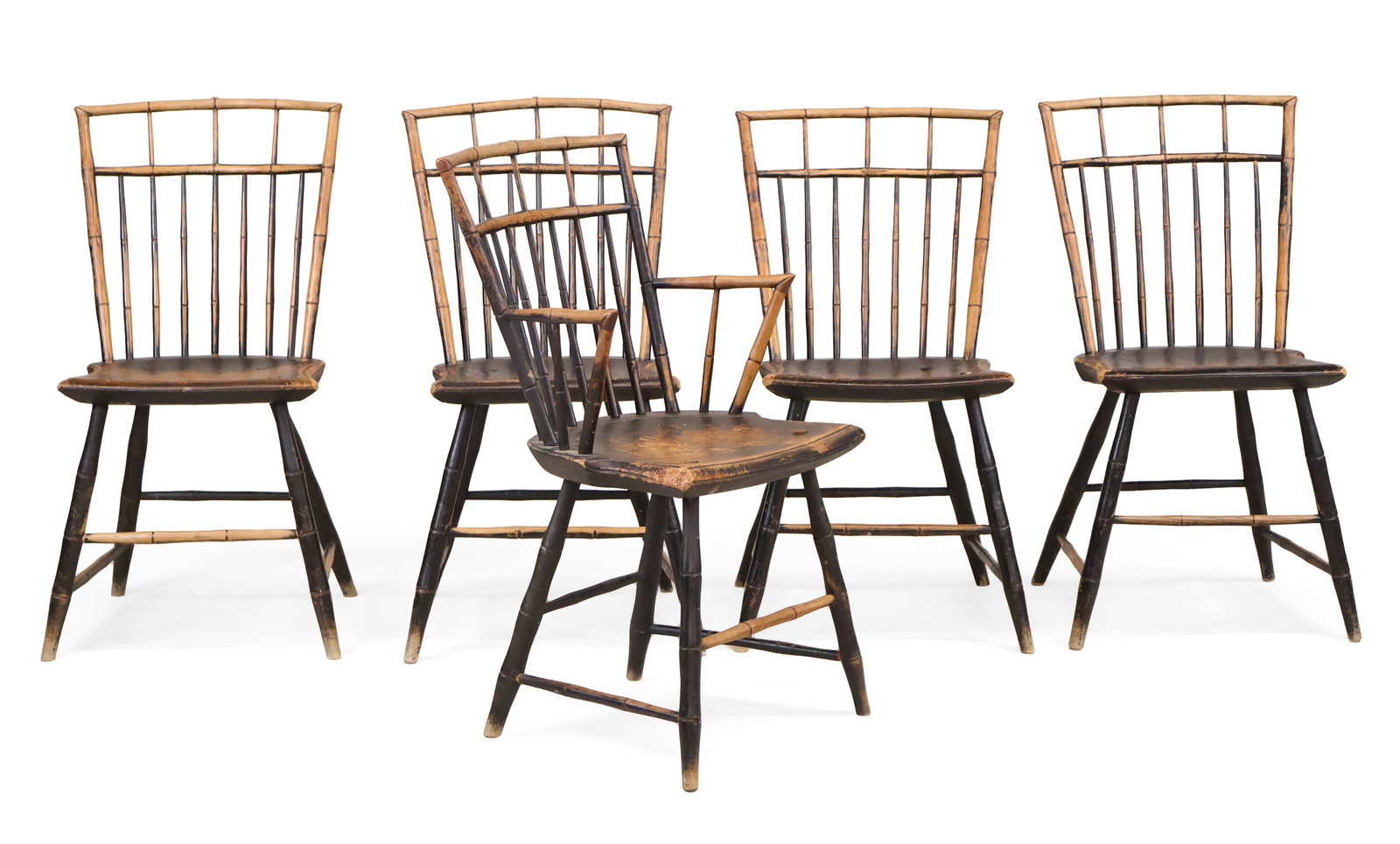 Set of Five Bamboo Simulated Paint-Decorated Ash and Pine Windsor Chairs (1 of 11)