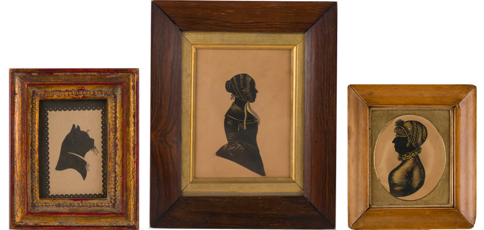Three Silhouettes: Three Silhouettes Two with painted embellishments and one of a cat. Largest Sight: 4 x 3 in. (10.2 x 7.6 cm.), Frame: 7 x 5 3/4 in. (17.8 x 14.6 cm.)