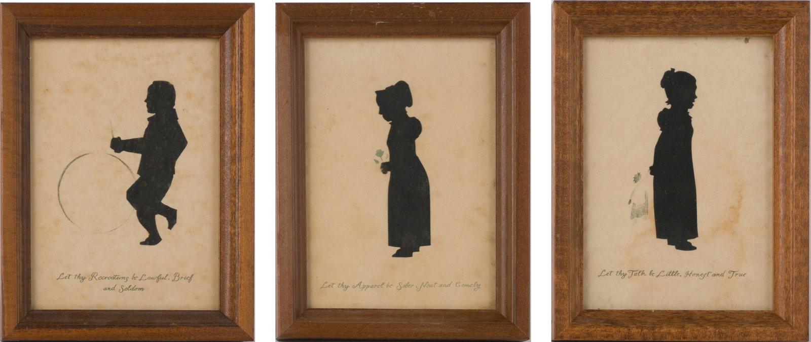 Three Silhouettes of Children: Three Silhouettes of Children Each inscribed "Let thy Talk be Little, Honest and True", "Let they Recreations be Lawful, Brief and Seldom", and "Let they Apparel be Sober, Neat and Comely" Sight: 6