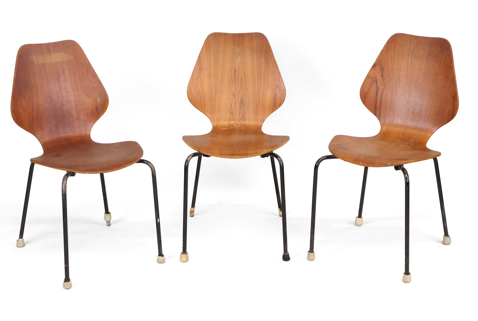 Three Vintage Danish Mid-Century Modern Bent Plywood Stacking Chairs: Three Vintage Danish Mid-Century Modern Bent Plywood Stacking Chairs Herbert Hirche for Jofa Stalmobler, circa 1950-1959. 31 3/4 x 17 x 16 in. (80.6 x 43.2 x 40.6 cm.)