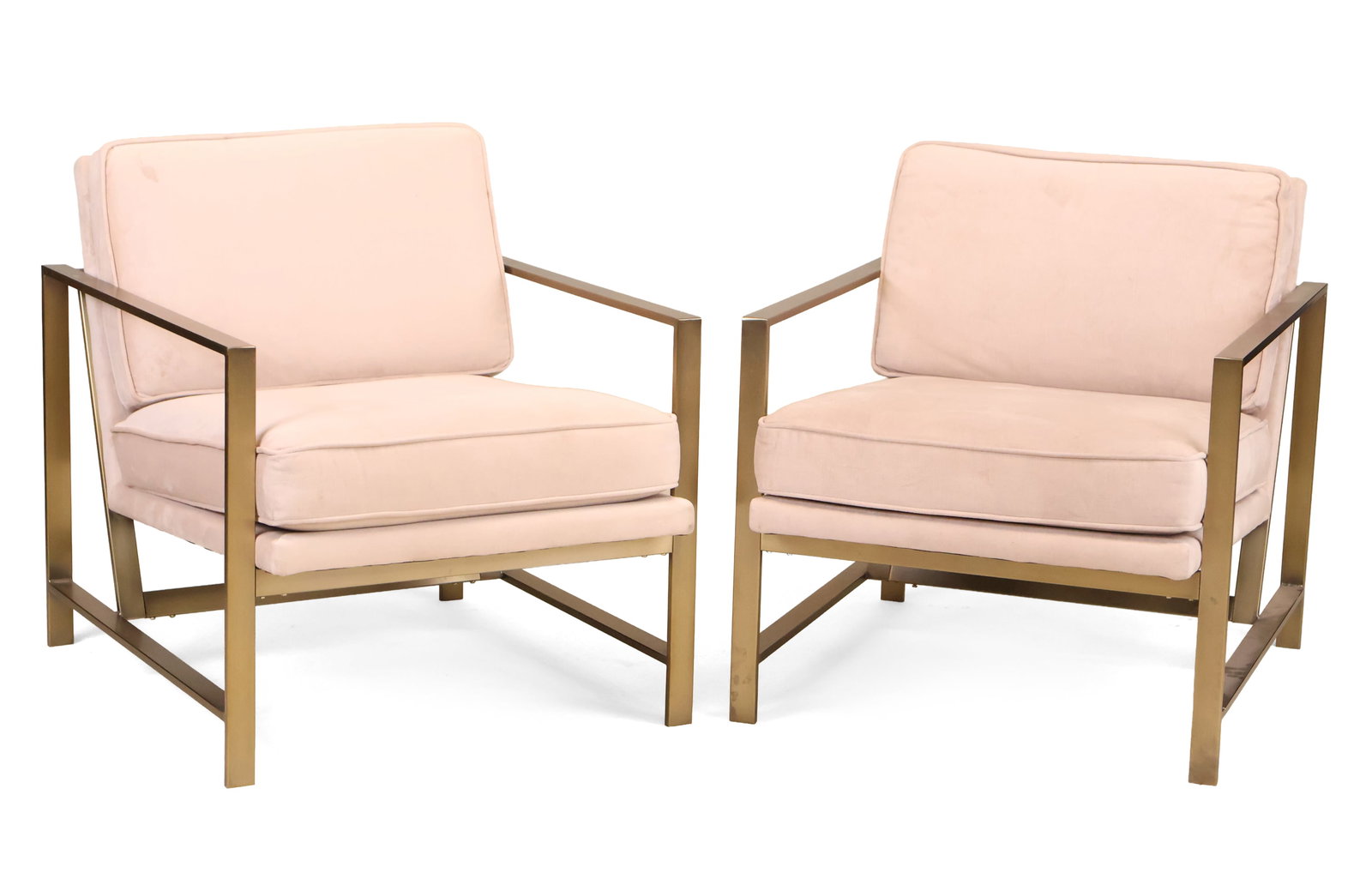 Pair of West Elm Gold-Toned Metal Frame Upholstered Armchairs: Pair of West Elm Gold-Toned Metal Frame Upholstered Armchairs 21st C. Similar to the Leisure Mod Jefferson velvet design accent armchair. 29 1/2 x 27 x 31 in. (74.9 x 68.6 x 78.7 cm.)