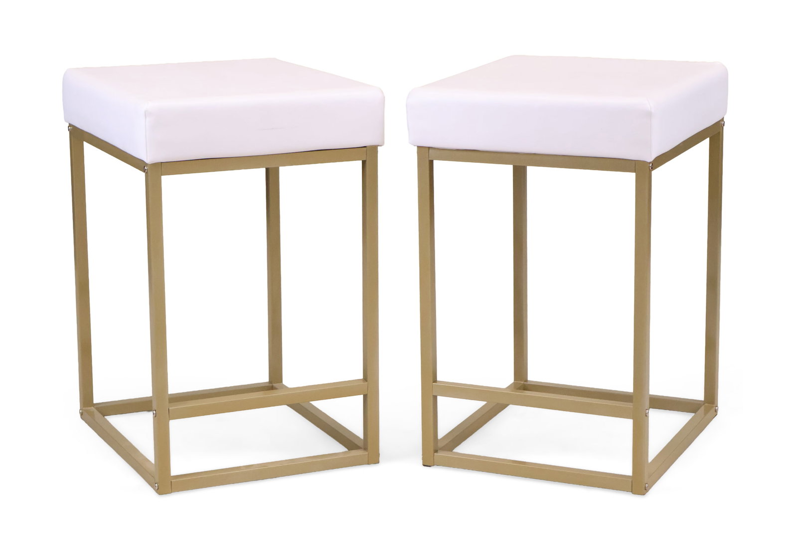Pair of Contemporary White Leather and Gold-Toned Metal Stools: Pair of Contemporary White Leather and Gold-Toned Metal Stools 21st C. 24 x 15 1/2 x 18 in. (61 x 39.4 x 45.7 cm.)