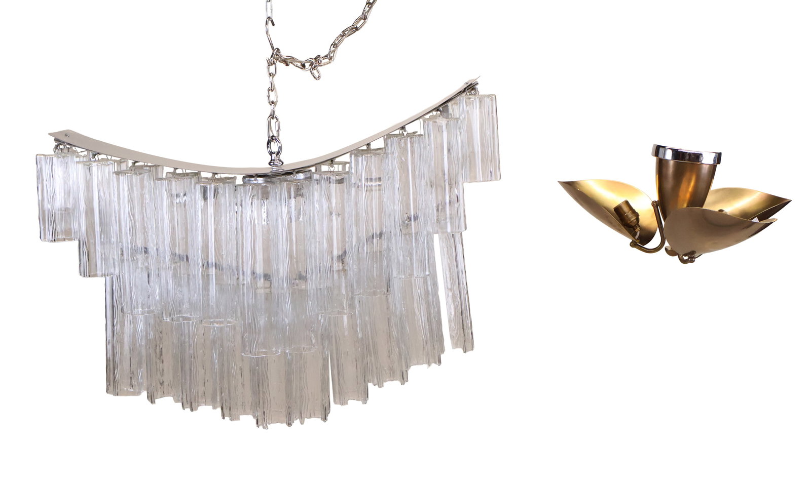 Two Modern Light Fixtures: Two Modern Light Fixtures 21st C. Comprising a chrome and glass chandelier and a brass sconce. Chandelier missing one prism 25 x 30 1/2 x 12 in. (63.5 x 77.5 x 30.5 cm.), and 8 1/2 x 16 in. (21.6 x