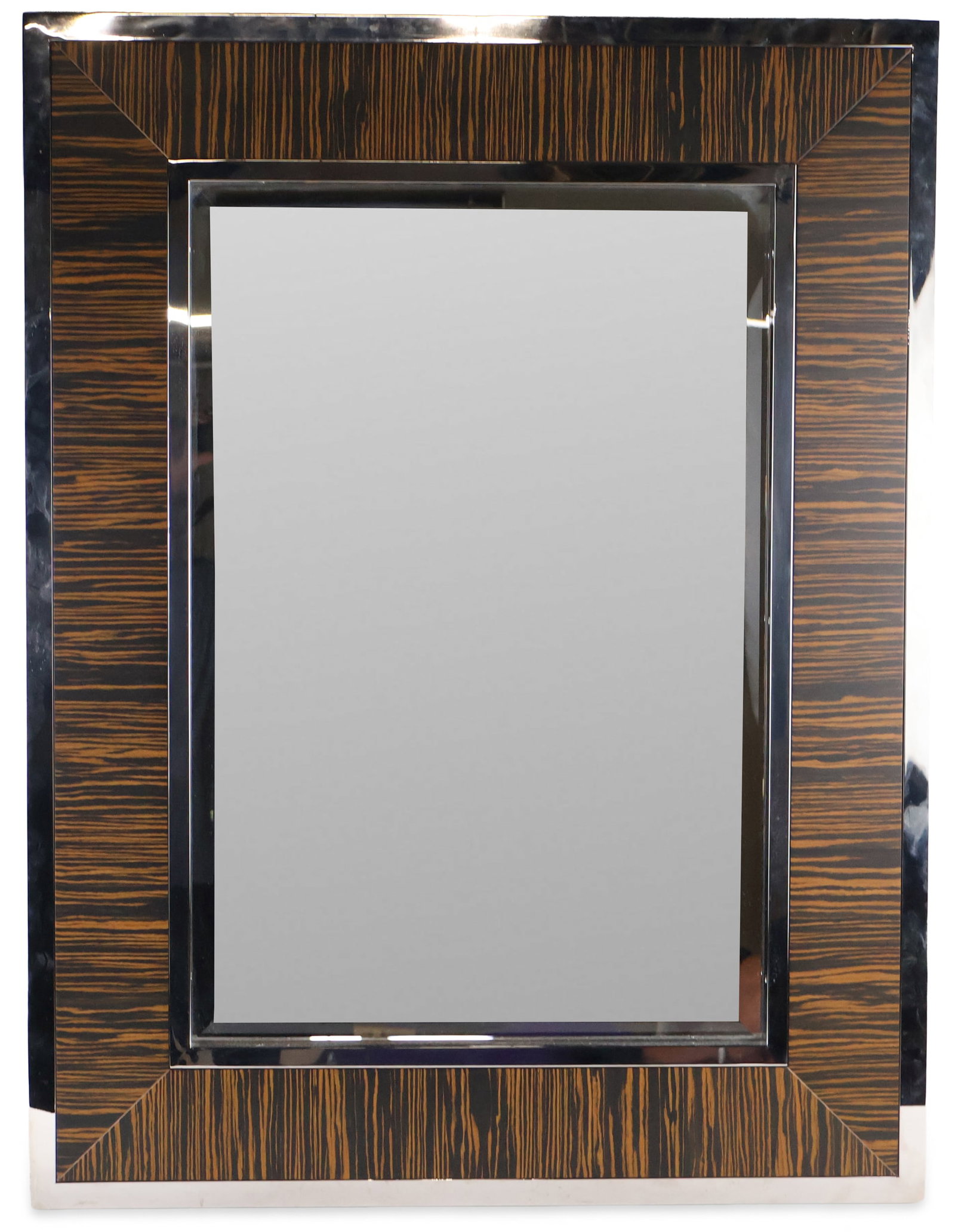 Art Deco Style Chrome and Zebrawood Mirror: Art Deco Style Chrome and Zebrawood Mirror Made by Williams Sonoma Home. 42 x 32 in. (106.7 x 81.3 cm.)