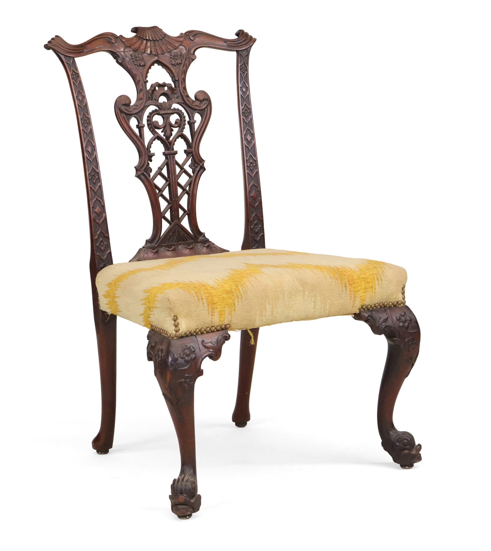 George II Carved Mahogany Side Chair: George II Carved Mahogany Side Chair With dolphin feet, English, mid-18th C. in the manner of Thomas Chippendale, bears Sotheby's sale stickers. 39 in. (99.1 cm.), Seat: 18 1/2 in. (47 cm.)