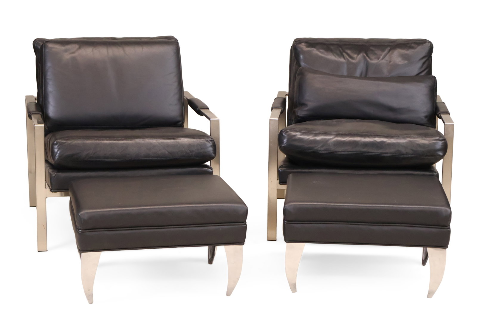Pair of Milo Baughman Black Leather 951 Design Lounge Chairs: Pair of Milo Baughman Black Leather 951 Design Lounge Chairs Retailed by Maurice Villency, only chair labeled. Together with a pair of similar black leather and chrome ottomans. Chairs: 30 1/2 x 30 x