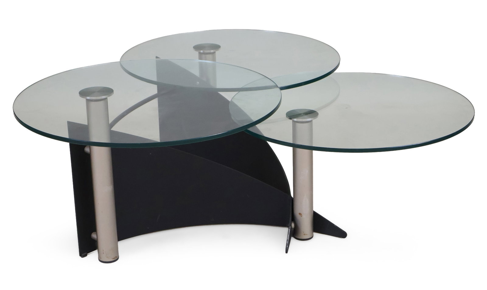 Modern Three Tiered Swiveling Glass Top Table: Modern Three Tiered Swiveling Glass Top Table Mounted on black painted metal base. 17 x 39 1/4 x 34 1/2 in. (43.2 x 99.7 x 87.6 cm.)