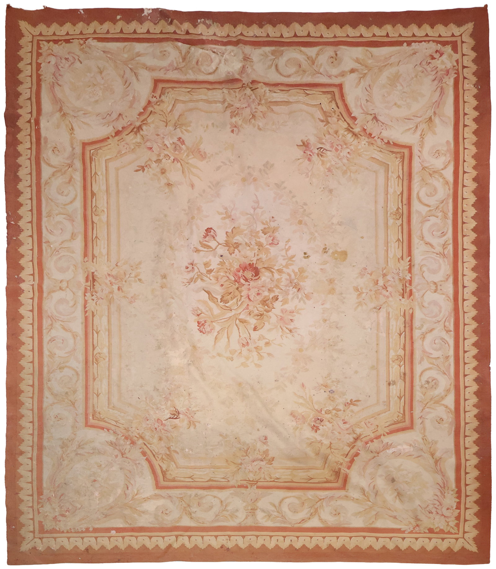 Napoleon III Aubusson Carpet: Napoleon III Aubusson Carpet France, late 19th C. Soiled, stains, moth damage, small holes, restorations 119 x 96 in. (302.3 x 243.8 cm.)