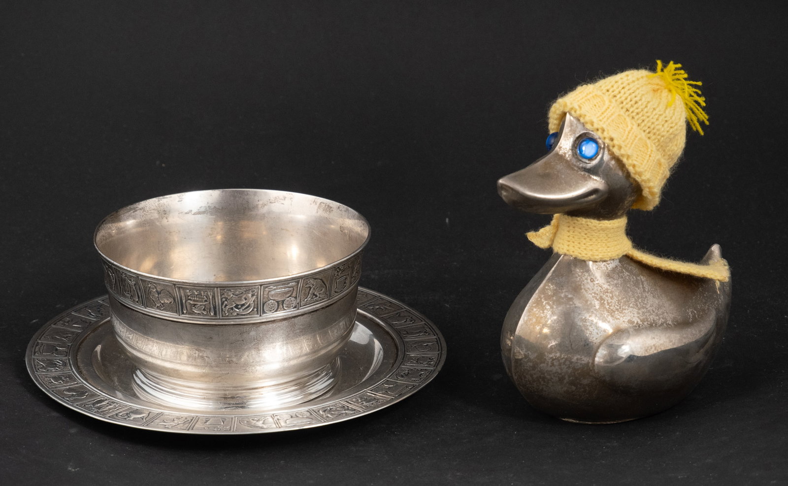 Gorham Sterling Silver Child's Bowl and Plate: Gorham Sterling Silver Child's Bowl and Plate Approx. 12 t.o. Together with a silver plated duck form bank. 4 x 6 in. (10.2 x 15.2 cm.)