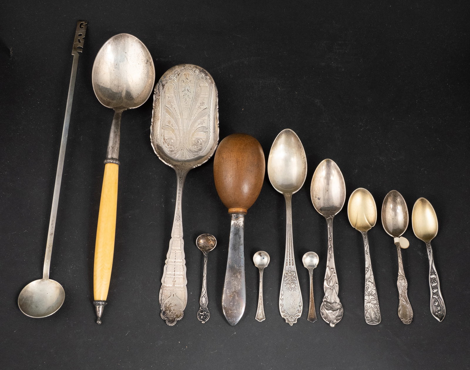 Tiffany Sterling Silver and Wood Darning Egg: Tiffany Sterling Silver and Wood Darning Egg Not weighed. Together with three 84 Russian silver spoons, a coin silver server, a Tiffany sterling silver spoon with a handle, not weighed, assorted