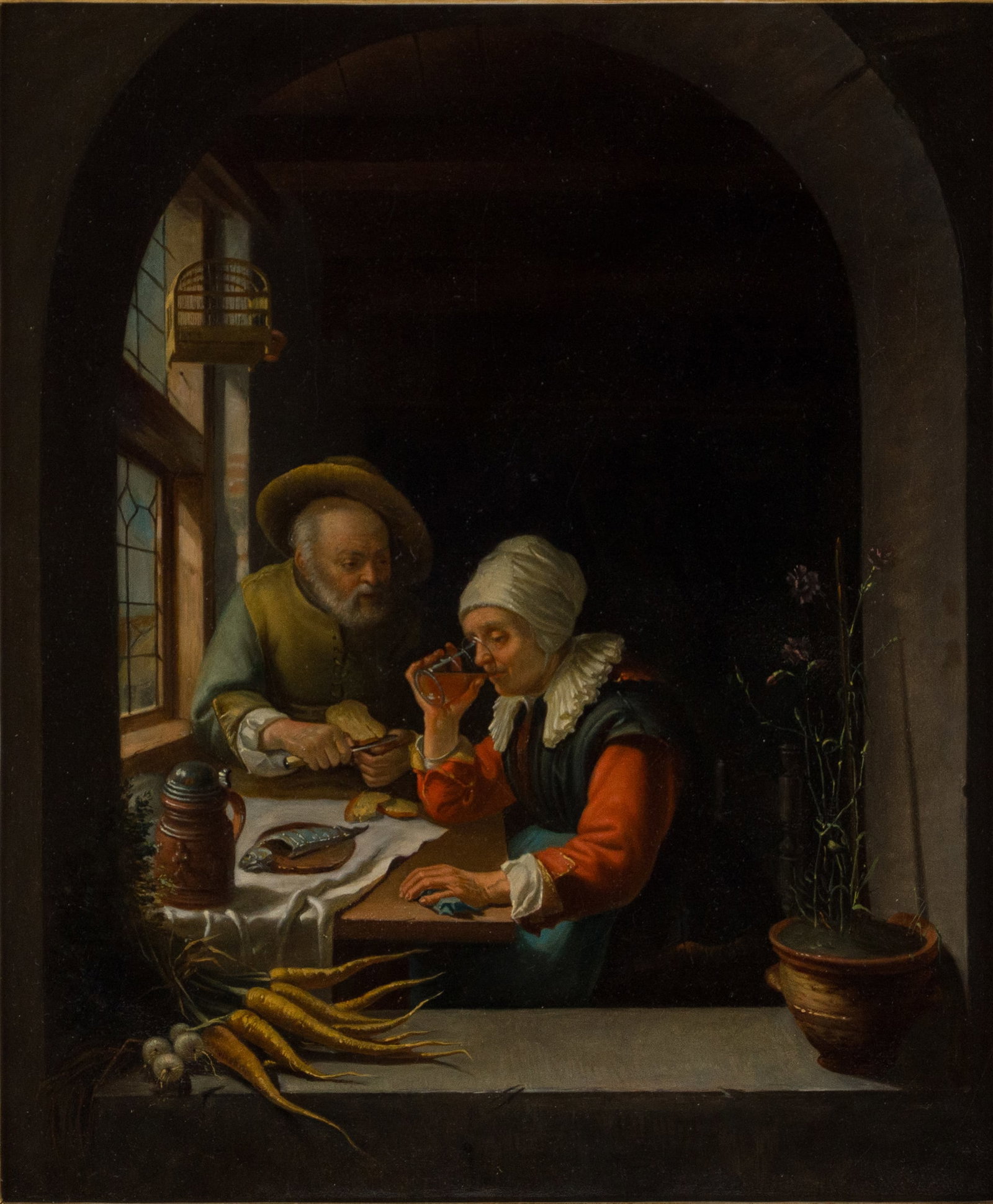 Interior Scene of a Couple, Oil on Canvas: Interior Scene of a Couple Oil on Canvas European, 18th/19th C. Appears to be unsigned, some writing on canvas verso. Sight: 14 1/2 x 12 in. (36.8 x 30.5 cm.), Frame: 22 x 19 3/4 in. (55.9 x 50.2 cm.)