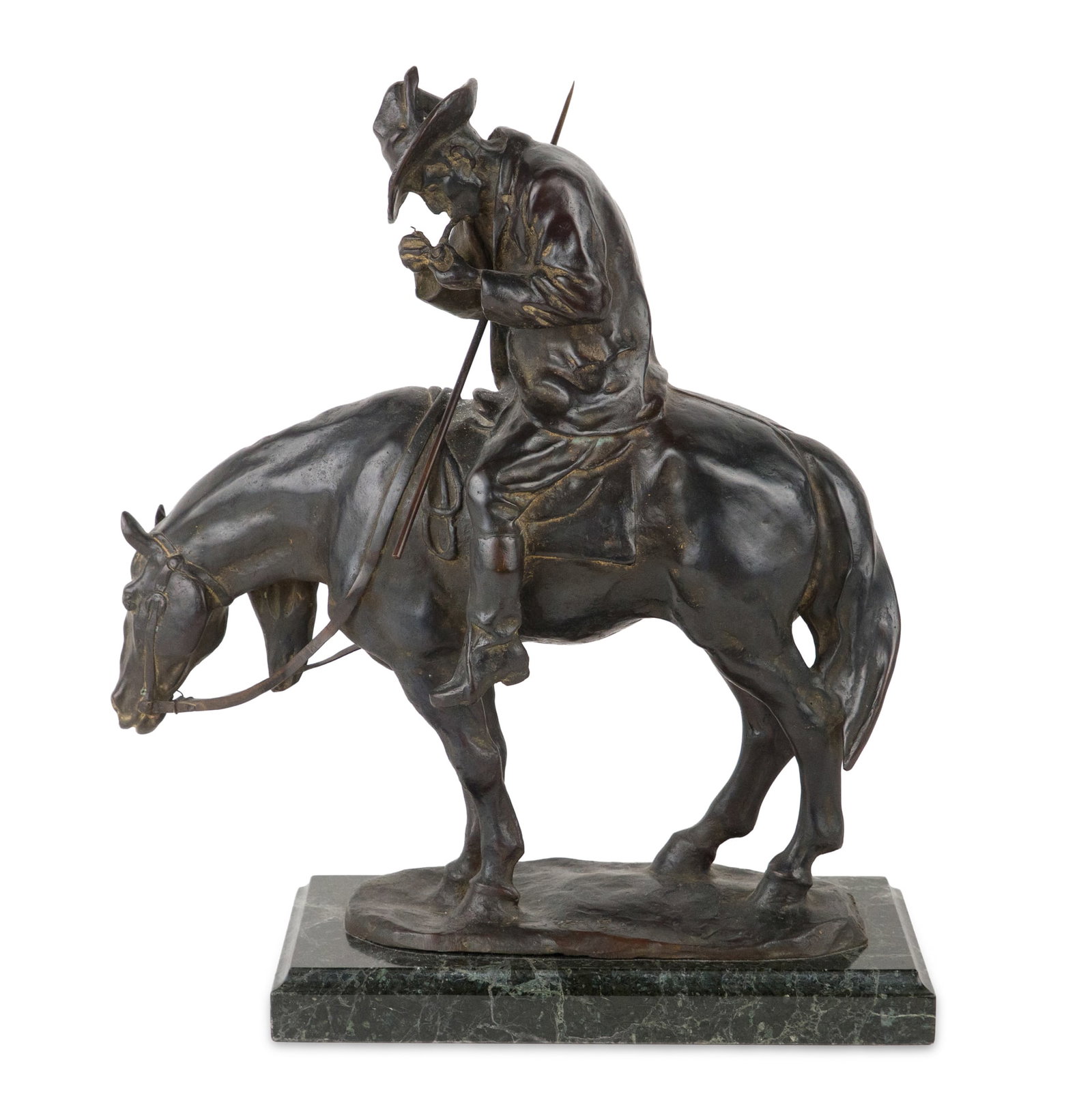 Ferdinando Vichi, Italian 1875-1945, Buttero, Bronze: Ferdinando Vichi Italian 1875-1945 Buttero Bronze Depicting a man on a horse, lighting a pipe. Signed "F. Vichi" on front, and inscribed "FUSE FERDINANDO MARINETTI FIRENZE" along base. 16 1/2 x 14 1/2