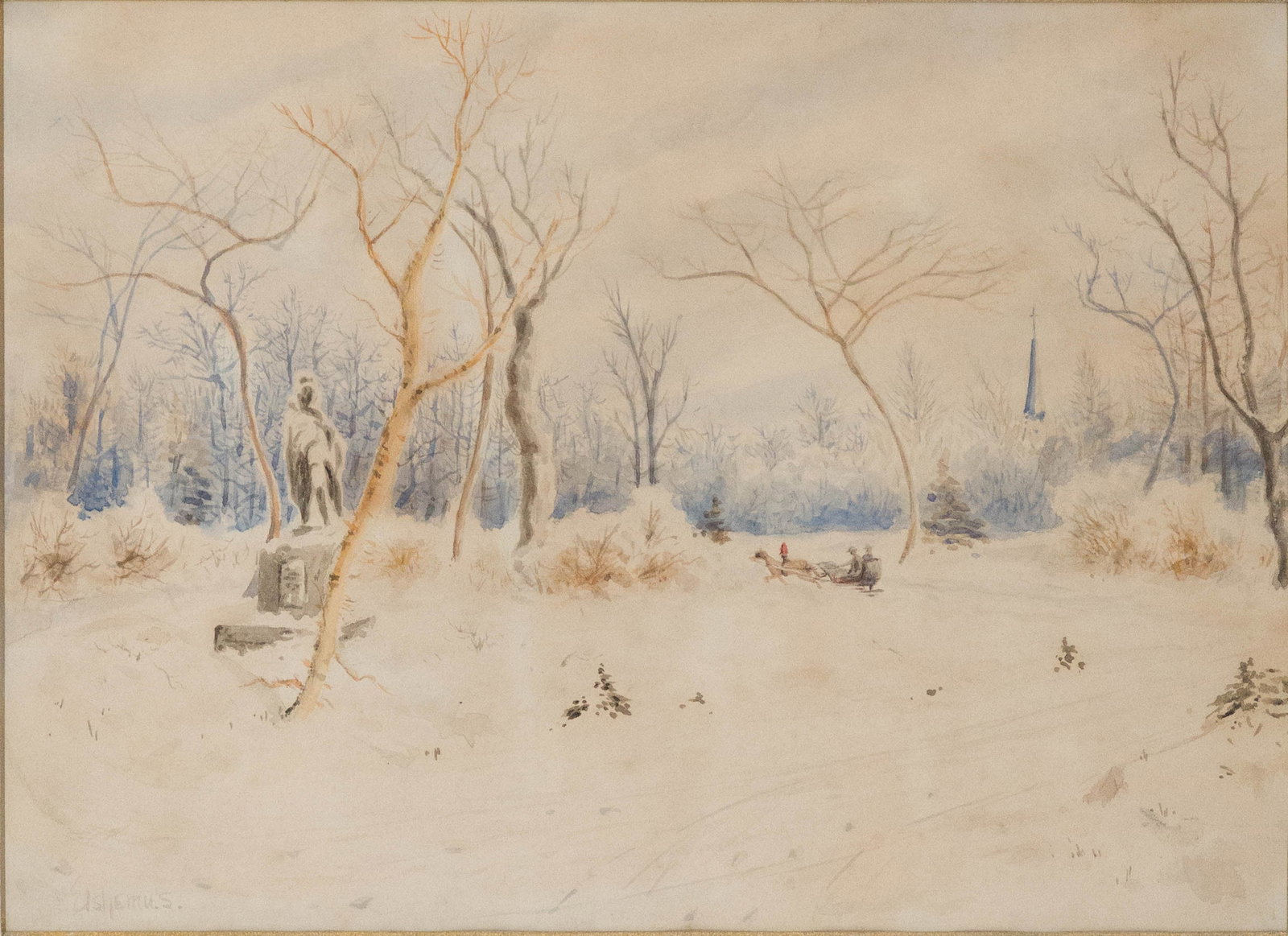 Louis Michel Elshemius, 1864-1941, Central Park at Columbus Square Entrance, Watercolor on Paper: Louis Michel Elshemius 1864-1941 Central Park at Columbus Square Entrance Watercolor on Paper Signed l.l., labeled verso. Conservation paperwork verso. Provenance: Property from a Private Park Avenue,