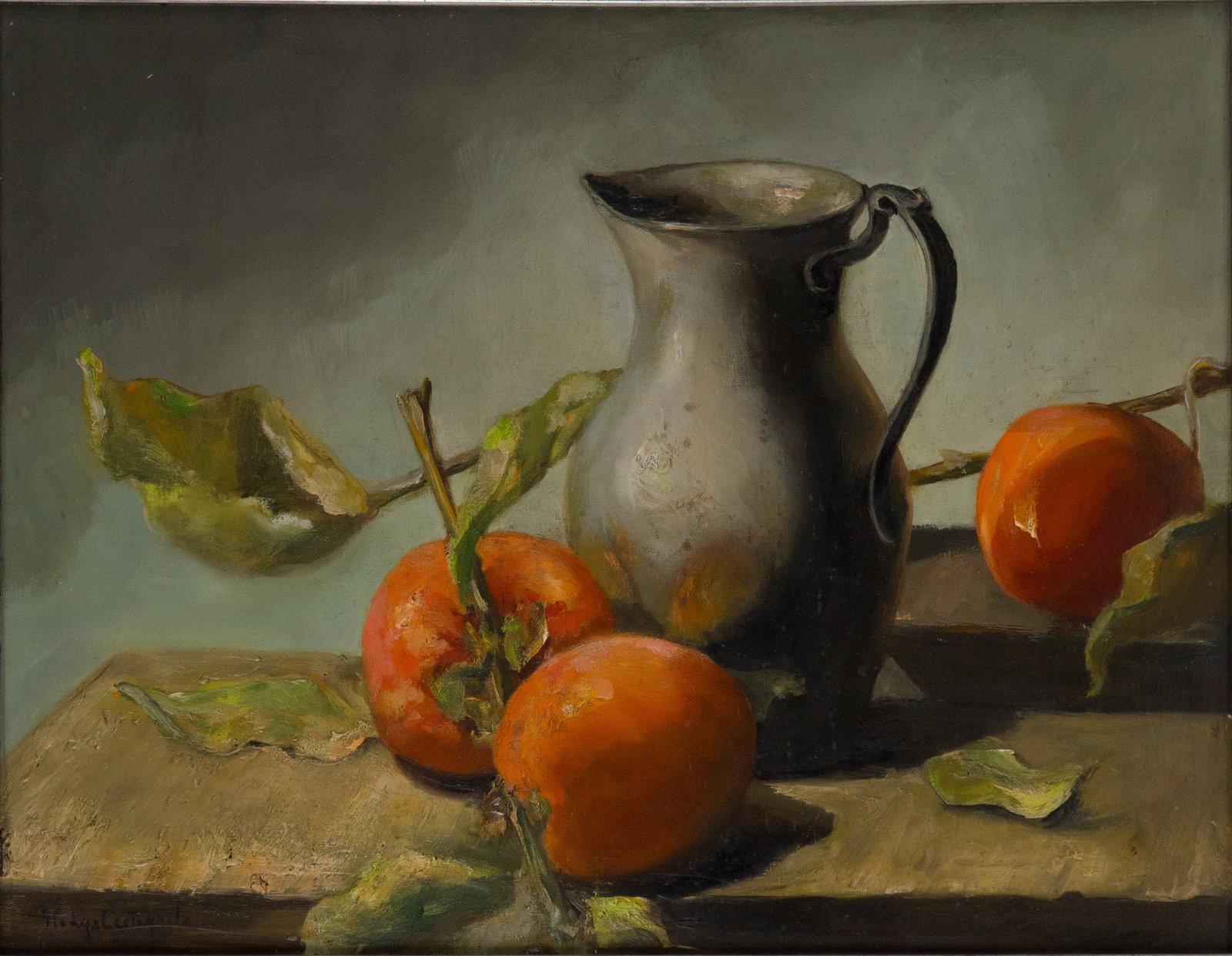 Gladys Castagnola, California 20th C., Still Life with Oranges and Pitcher, Oil on Board: Gladys Castagnola California 20th C. Still Life with Oranges and Pitcher Oil on Board Signed l.l. "Gladys Castagnola." Sight 13 3/4 x 17 1/2 in. (34.9 x 44.5 cm.), Overall 21 x 24 1/2 in. (53.3 x 62.2