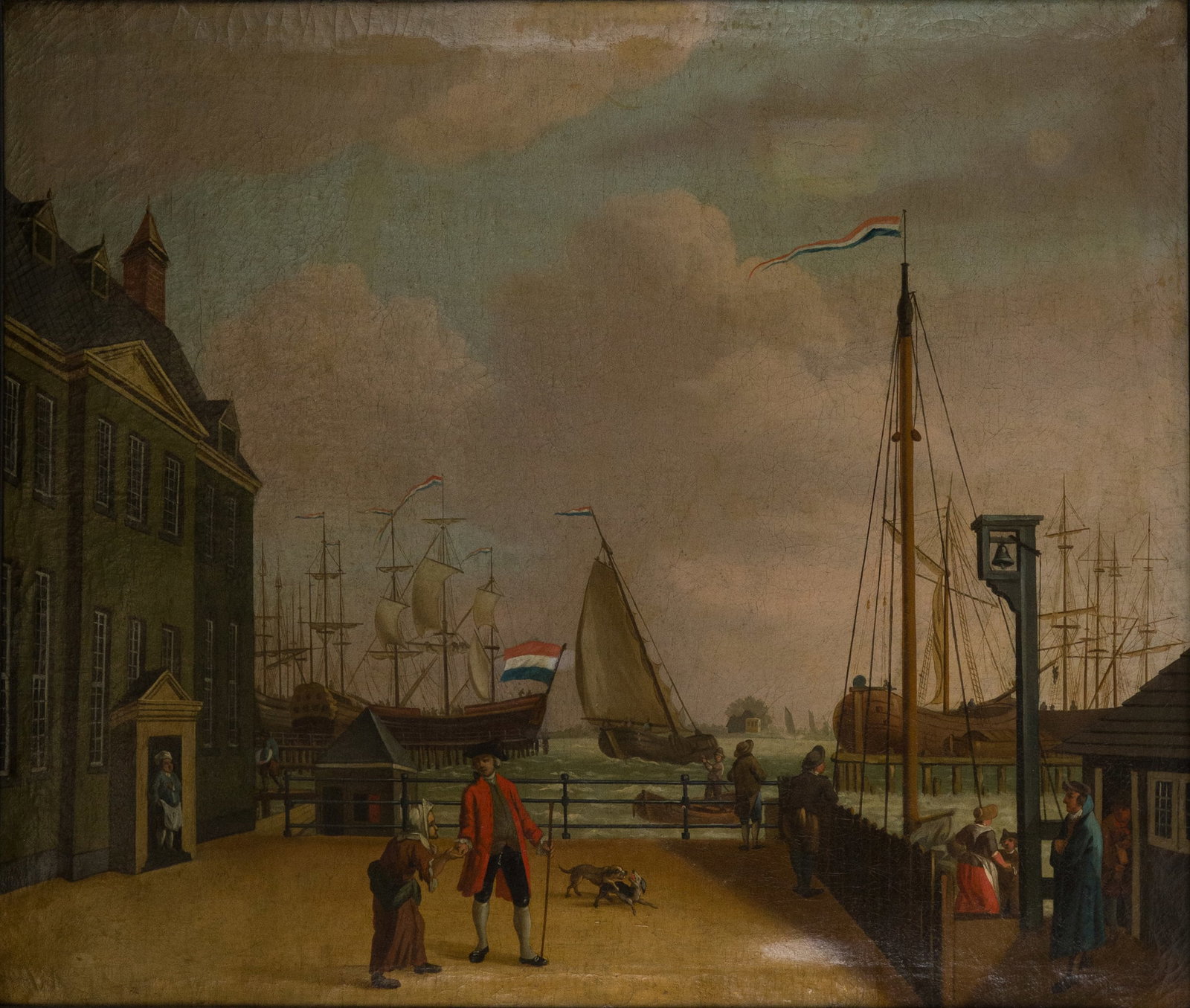 Dutch Harbor Scene, Oil on Canvas: Dutch Harbor Scene Oil on Canvas Oil on Canvas, 19th C. appears to be unsigned. Stains, craquelure, restorations. Sight: 32 3/4 x 38 1/2 in. (83.2 x 97.8 cm.), Frame: 38 x 43 3/4 in. (96.5 x 111.1 cm.