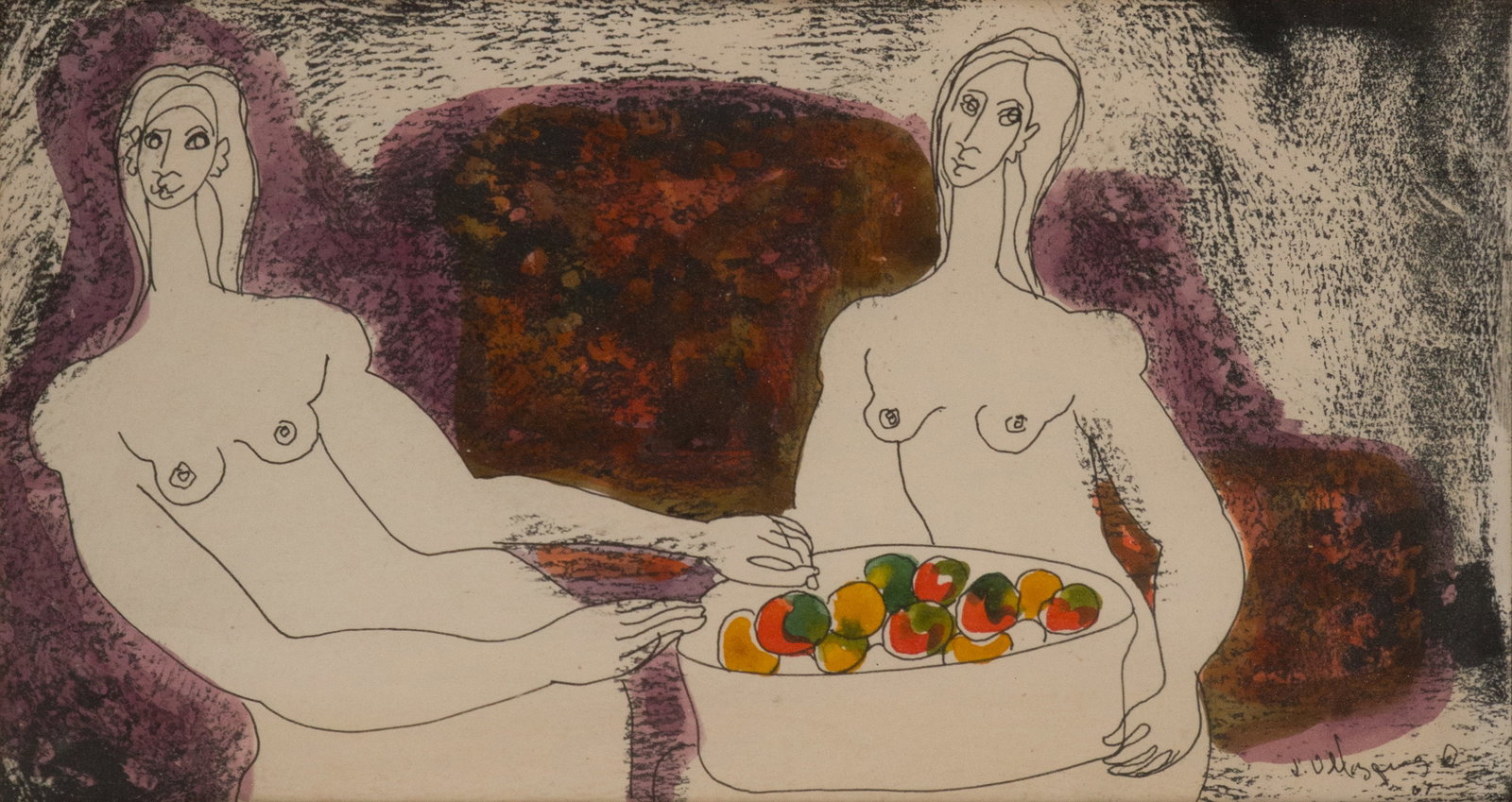 Juan Velasquez, Mexican 1950-, Two Nude Women with Basket of Fruit, Watercolor over Black Ink: Juan Velasquez Mexican 1950- Two Nude Women with Basket of Fruit Watercolor over Black Ink Signed and dated l.l., Sight: 6 1/2 x 12 in. (16.5 x 30.5 cm.), Frame: 12 3/4 x 18 in. (32.4 x 45.7 cm.)