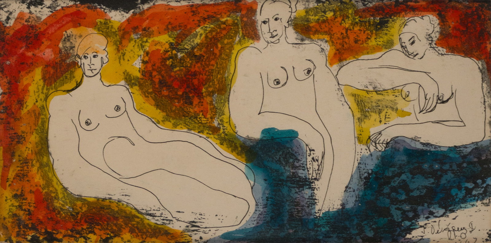 Juan Velasquez, Mexican 1950-, Three Graces, Watercolor over Black Ink: Juan Velasquez Mexican 1950- Three Graces Watercolor over Black Ink Signed and dated 1967 l.l., Sight: 6 x 12 in. (15.2 x 30.5 cm.), Frame: 15 1/2 x 23 1/2 in. (39.4 x 59.7 cm.)