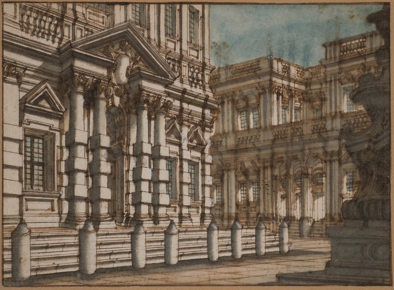 Architectural View of Renaissance Palace, Pen, Ink, and Wash on Paper: Architectural View of Renaissance Palace Pen, Ink, and Wash on Paper Possibly Guiseppe Galli, bears label verso from Lucien Goldschmidt, Inc. Sight: 7 3/4 x 10 1/2 in. (19.7 x 26.7 cm.), Frame: 14 1/4