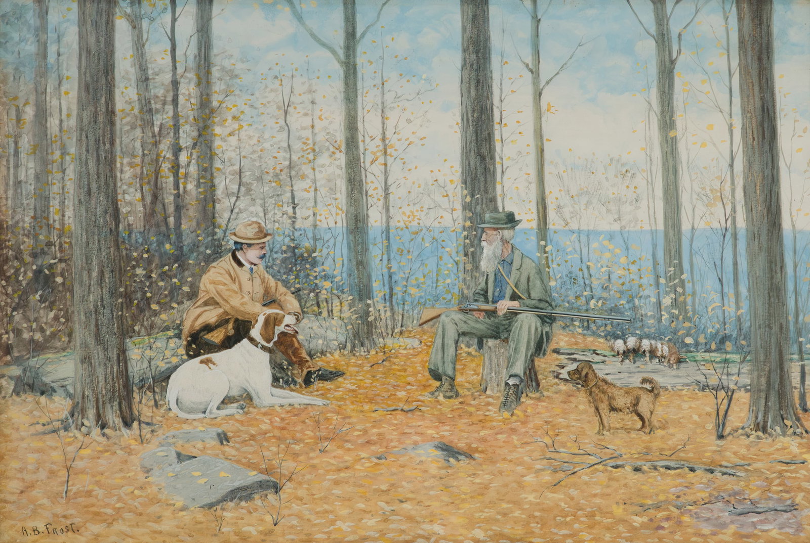 A.B. Frost, American 1851-1928, The Hunters Story, Watercolor on Paper: Arthur Burdett Frost American 1851-1928 The Hunters Story Watercolor on Paper Signed l.l., titled on frame. Sight: 14 1/2 x 21 1/2 in. (36.8 x 54.6 cm.), Frame: 23 1/4 x 30 1/8 in. (59.1 x 76.5 cm.) Q