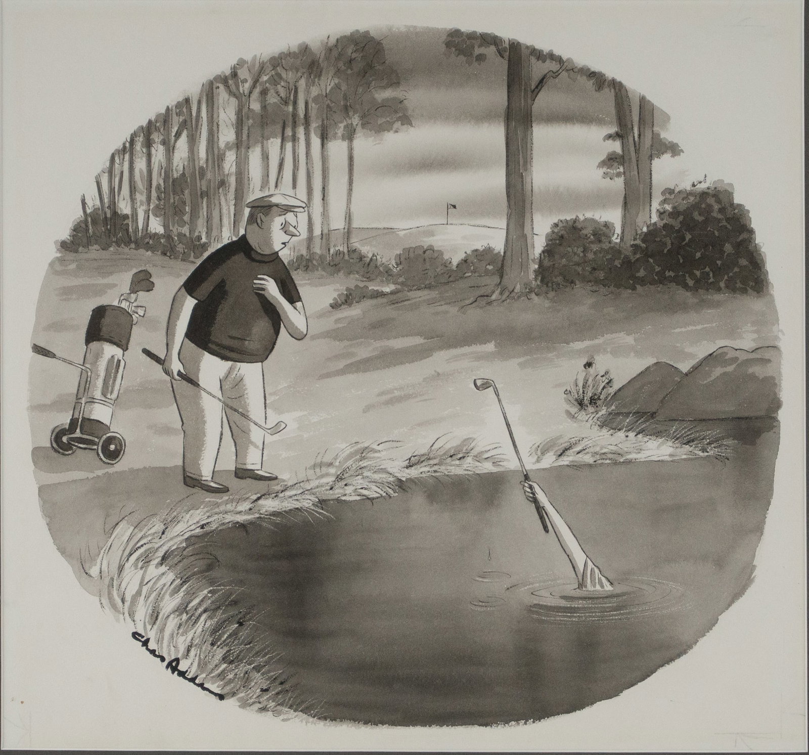 Charles Samuel Addams, 1912-1988, New Yorker Golf Cartoon, Ink, Charcoal, and Wash on Paper (1 of 6)