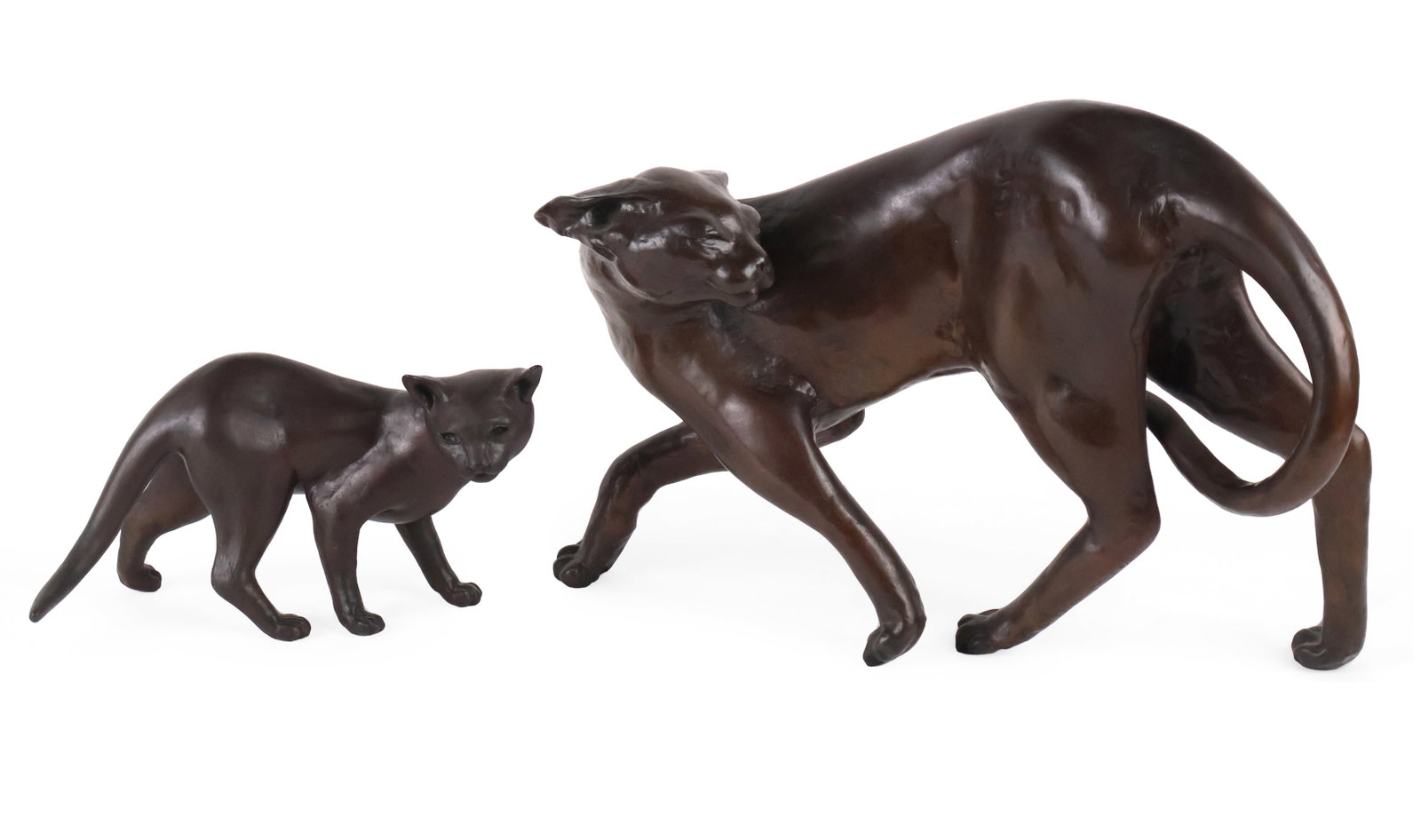 Tom Merrifield, 1933-2021, Two Cat, Bronze Sculptures: Tom Merrifield 1933-2021 Two Cat Bronze Sculptures Larger numbered 4/9, smaller numbered 20/97, both signed. 6 1/2 x 11 1/2 x 6 in. (16.5 x 29.2 x 15.2 cm.), and 12 1/2 x 21 x 6 1/4 in. (31.8 x 53.3 x