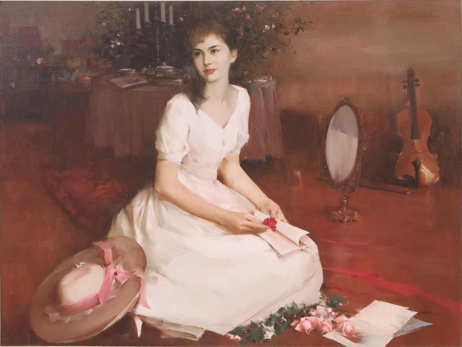 Lady in White Dress, Oil on Canvas: Lady in White Dress Oil on Canvas Signed illegibly. Sight: 29 1/2 x 39 1/2 in. (74.9 x 100.3 cm.), Frame: 41 1/2 x 52 in. (105.4 x 132.1 cm.)