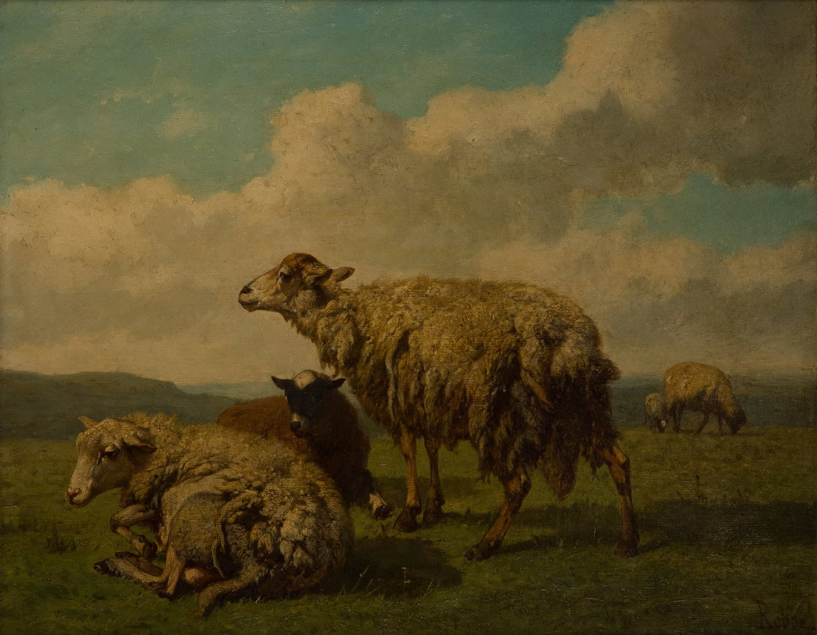 Louis Robbe, Belgian 1806-1887, Sheep in a Field, Oil on Canvas: Louis Robbe Belgian 1806-1887 Sheep in a Field Oil on Canvas Signed l.r. "Robbe" Sight: 18 3/4 x 24 in. (47.6 x 61 cm.), Frame: 31 3/4 x 37 in. (80.6 x 94 cm.)