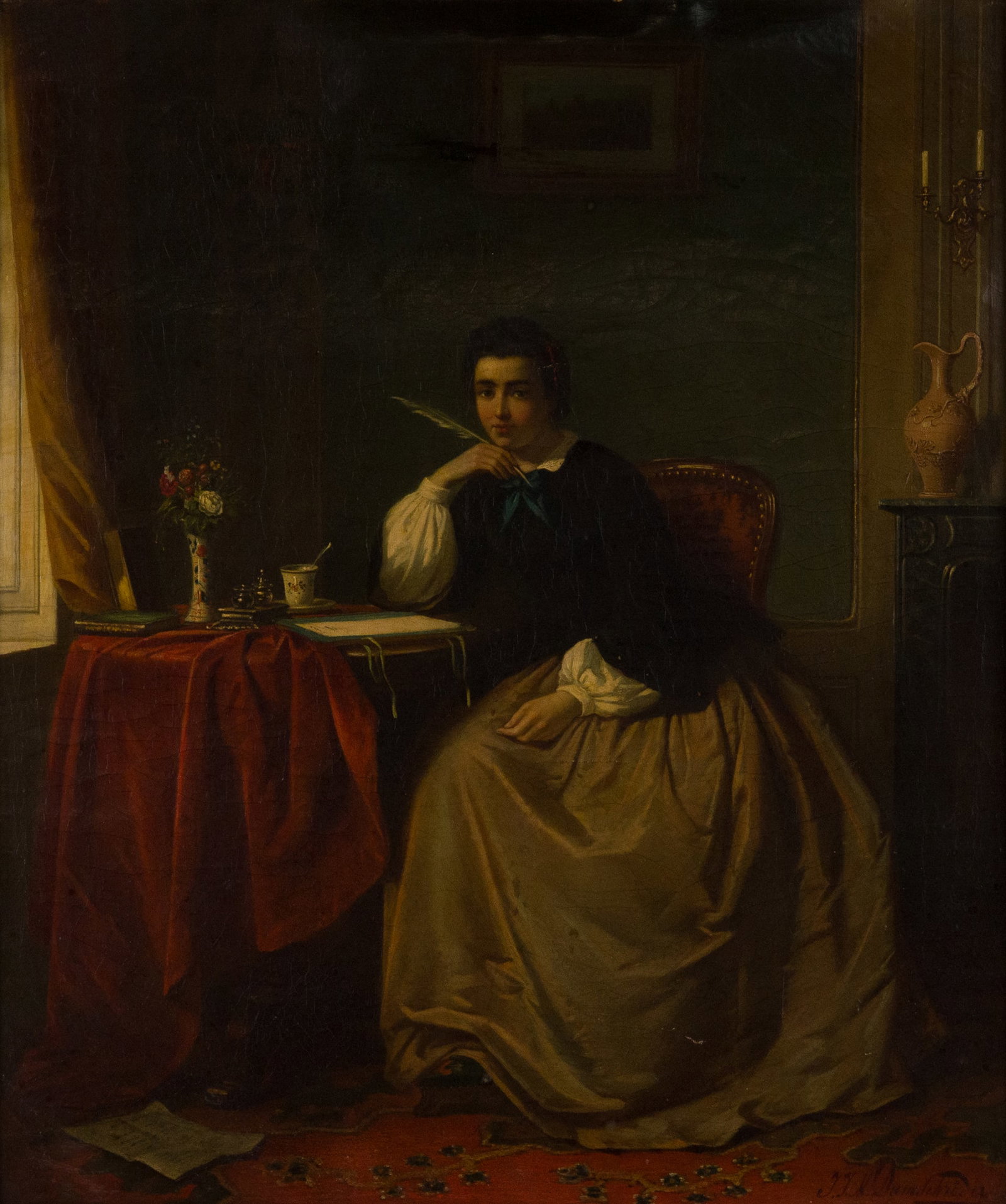 Jan Jacobus Matthijs Damschreuder, 1825-1905, Woman Writing a Letter, Oil on Canvas: Jan Jacobus Matthijs Damschreuder 1825-1905 Woman Writing a Letter Oil on Canvas Signed l.r. "J.J.M. Damscheuder" Canvas separated from stretcher at top, 2" tear lower center. Sight: 23 1/4 x 19 1/2