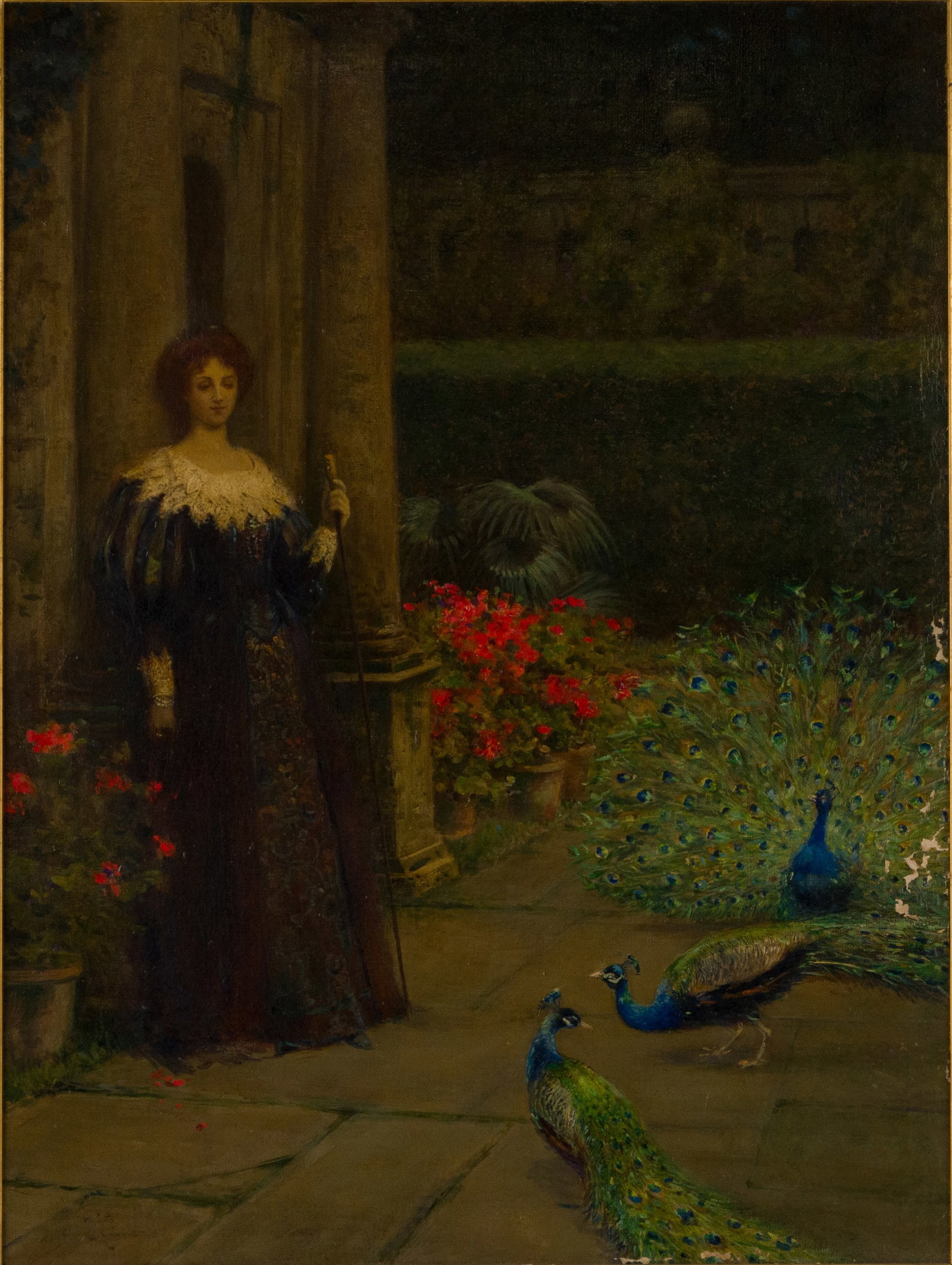 Portrait of Woman with Peacocks, Oil on Canvas: Portrait of Woman with Peacocks Oil on Canvas Signed illegibly l.l. and dated 1902. Losses to paint. Sight: 27 1/2 x 20 1/2 in. (69.9 x 52.1 cm.), Frame: 37 3/4 x 31 in. (95.9 x 78.7 cm.)