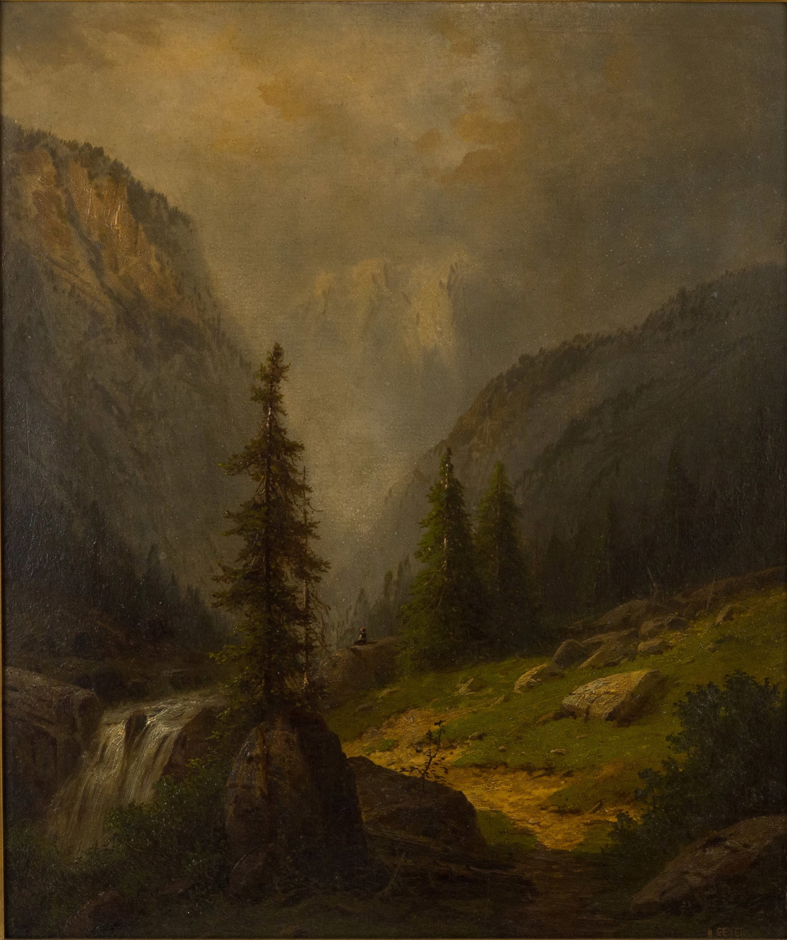 Herman Geyer, Mountain Landscape with Waterfall, Oil on Board: Herman Geyer Mountain Landscape with Waterfall Oil on Board Signed l.r. "H. Geyer". Sight: 18 1/4 x 15 1/2 in. (46.4 x 39.4 cm.), Frame: 24 1/4 x 21 1/4 in. (61.6 x 54 cm.)