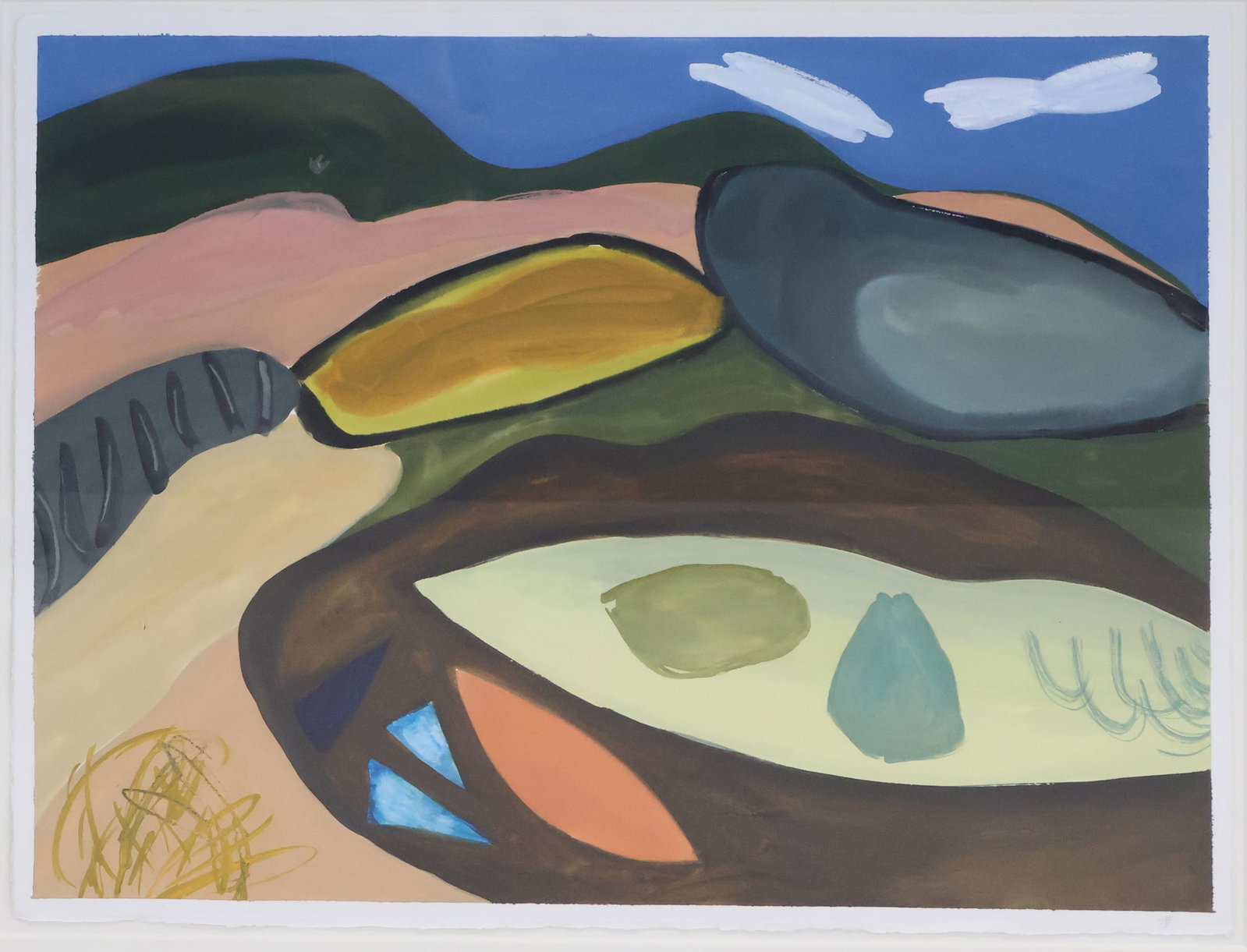 Sarah Bienvenu, Abstract Landscape, Watercolor on Paper: Sarah Bienvenu Abstract Landscape Watercolor on Paper Signed in pencil l.r. "SB". Sight: 22 1/2 x 30 in. (57.2 x 76.2 cm.), Frame: 34 1/4 x 41 1/4 in. (87 x 104.8 cm.)