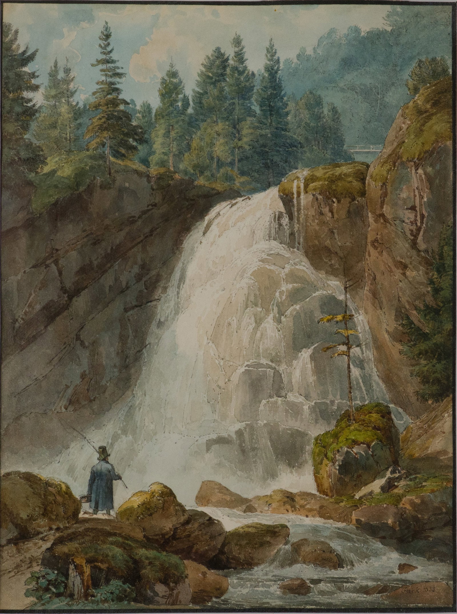 Eduard Gurk, 1801-1841, Fisherman at the Falls, Watercolor on Paper: Eduard Gurk 1801-1841 Fisherman at the Falls Watercolor on Paper Signed l.r. and dated 1833, and labeled verso. Sight: 9 x 6 3/4 in. (22.9 x 17.1 cm.), Frame: 17 x 14 1/2 in. (43.2 x 36.8 cm.)