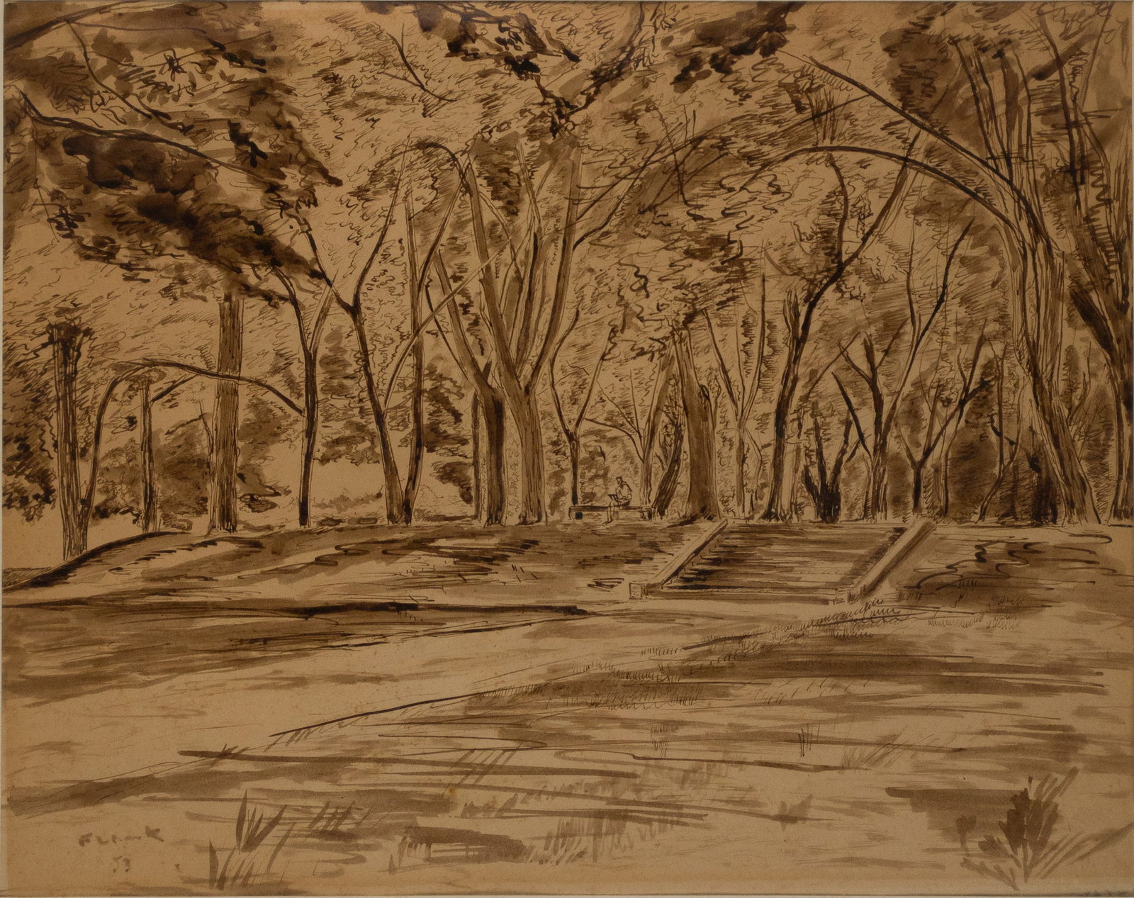 Park Landscape, Ink and Wash on Paper: Park Landscape Ink and Wash on Paper Signed illegibly l.l. dated '53. Sight: 14 x 17 in. (35.6 x 43.2 cm.), Frame: 19 3/4 x 22 3/4 in. (50.2 x 57.8 cm.)