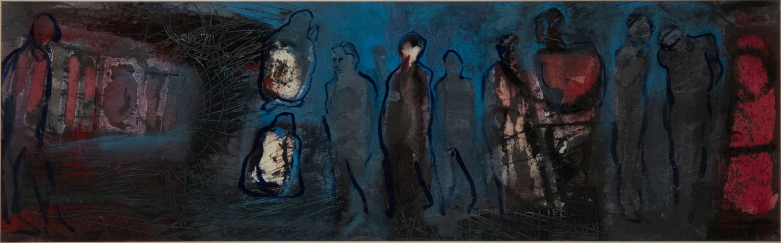 Abstract Figures, Mixed Media on Paper: Abstract Figures Mixed Media on Paper Appears to be unsigned. Sight: 9 1/2 x 30 1/2 in. (24.1 x 77.5 cm.), Frame: 15 x 36 in. (38.1 x 91.4 cm.)