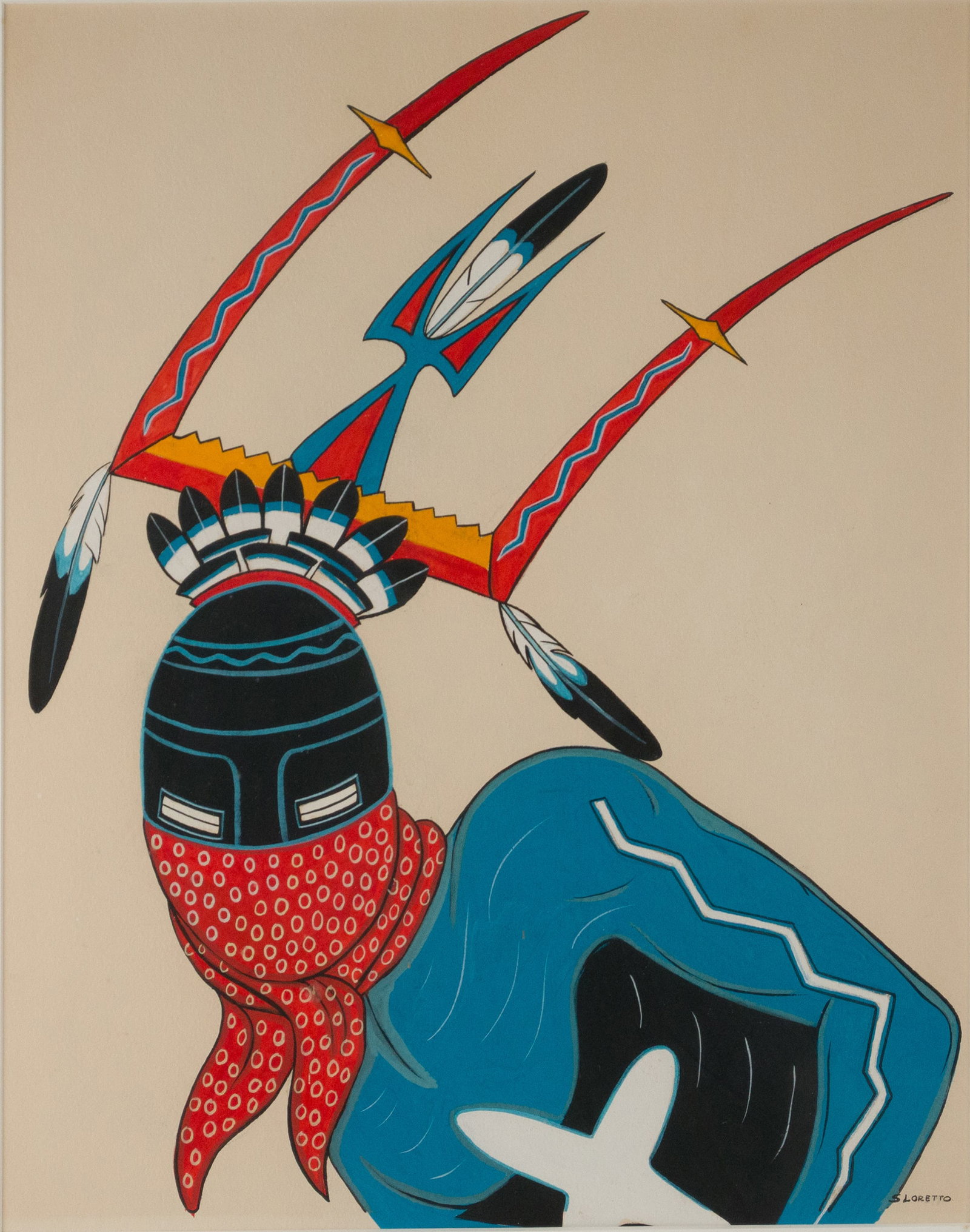 Estella Loretto, 1954, Apache Dancer, Casein on Paper: Estella Loretto 1954 Apache Dancer Casein on Paper Signed l.r. and labeled verso. Sight: 17 x 13 1/4 in. (43.2 x 33.7 cm.), Frame: 27 3/4 x 23 3/4 in. (70.5 x 60.3 cm.)
