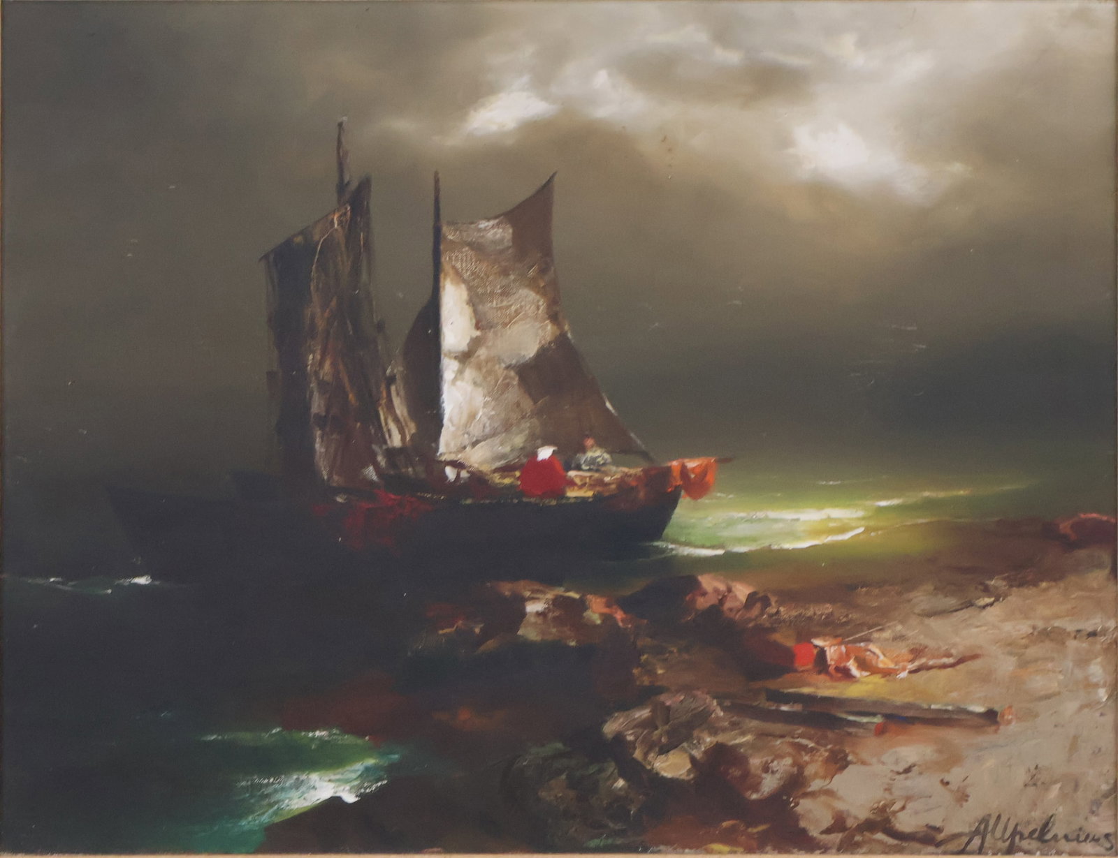 Arthur Upelnicks, 1911-1994, Maritime Scene, Oil on Canvas: Arthur Upelnicks 1911-1994 Maritime Scene Oil on Canvas Signed l.r. and verso. Sight: 23 3/4 x 29 1/2 in. (60.3 x 74.9 cm.), Frame: 31 3/4 x 37 1/2 in. (80.6 x 95.3 cm.)
