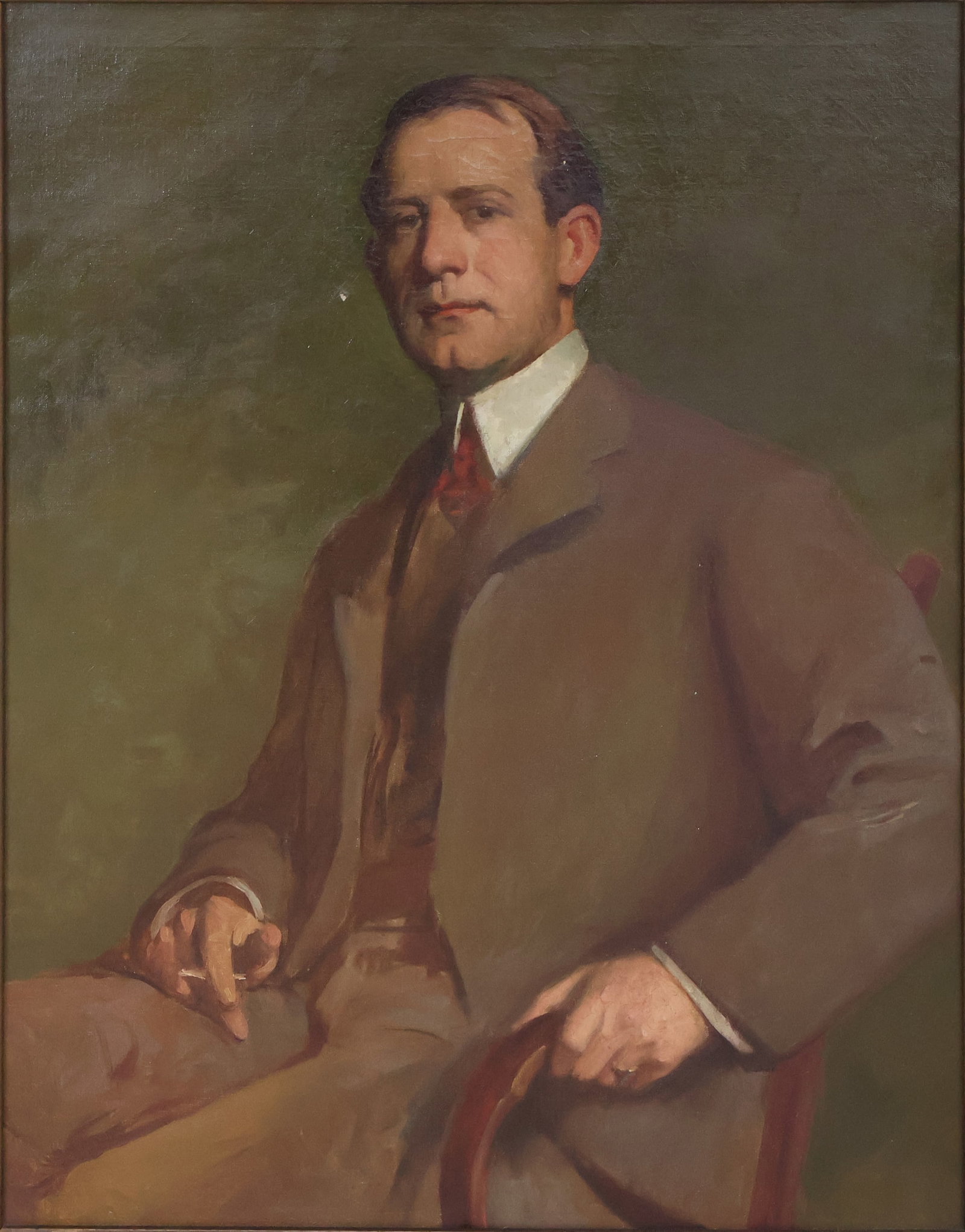 Attributed to Frank Duveneck, 1848-1919, Portrait of a Gentleman in a Chair, Oil on Canvas: Attributed to Frank Duveneck 1848-1919 Portrait of a Gentleman in a Chair Oil on Canvas C. 1910, bears label on frame, appears to be unsigned. Sight: 35 x 27 in. (88.9 x 68.6 cm.), Frame: 41 1/4 x 33