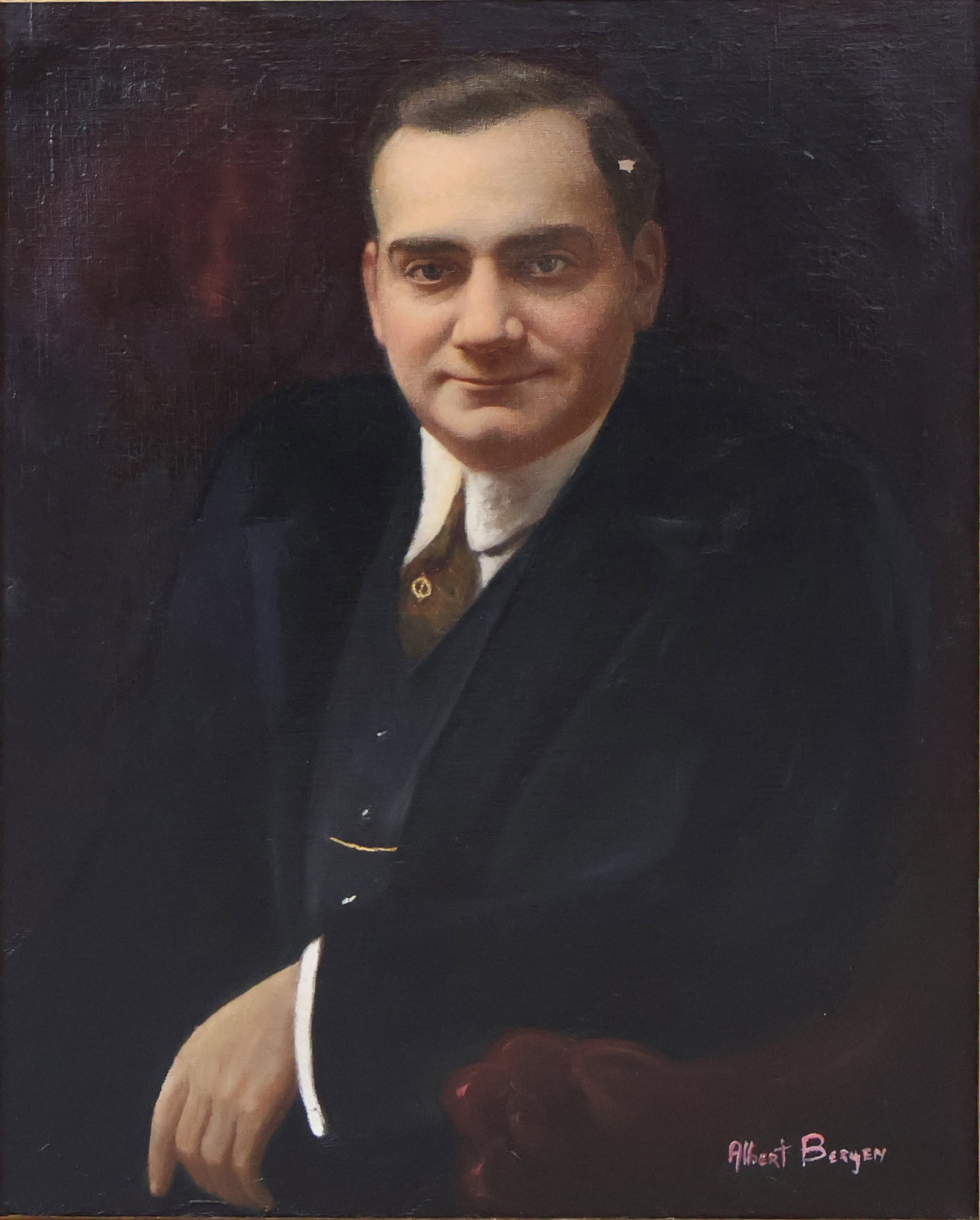 Albert Bergen, Portrait of Enrico Caruso, Oil on Canvas: Albert Bergen Portrait of Enrico Caruso Oil on Canvas C. 1906, signed l.r. Losses to paint Sight: 30 1/2 x 23 1/2 in. (77.5 x 59.7 cm.), Frame: 44 3/4 x 37 3/4 in. (113.7 x 95.9 cm.)