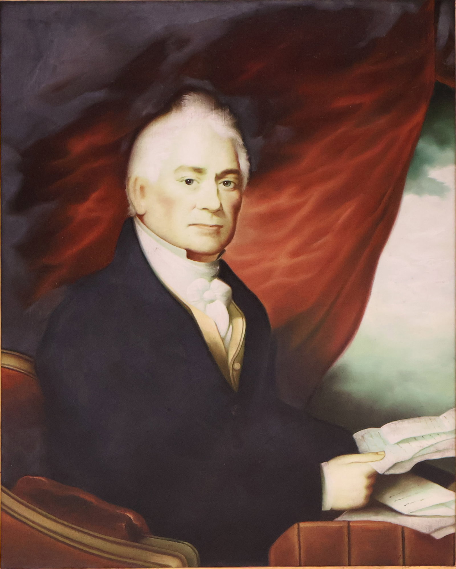 Portrait of a Gentleman with a Letter, Oil on Canvas: Portrait of a Gentleman with a Letter Oil on Canvas Signed illegibly l.r. Relined, restorations, sun fading. Sight: 29 1/4 x 23 1/2 in. (74.3 x 59.7 cm.), Frame: 40 1/4 x 34 1/4 in. (102.2 x 87 cm.)