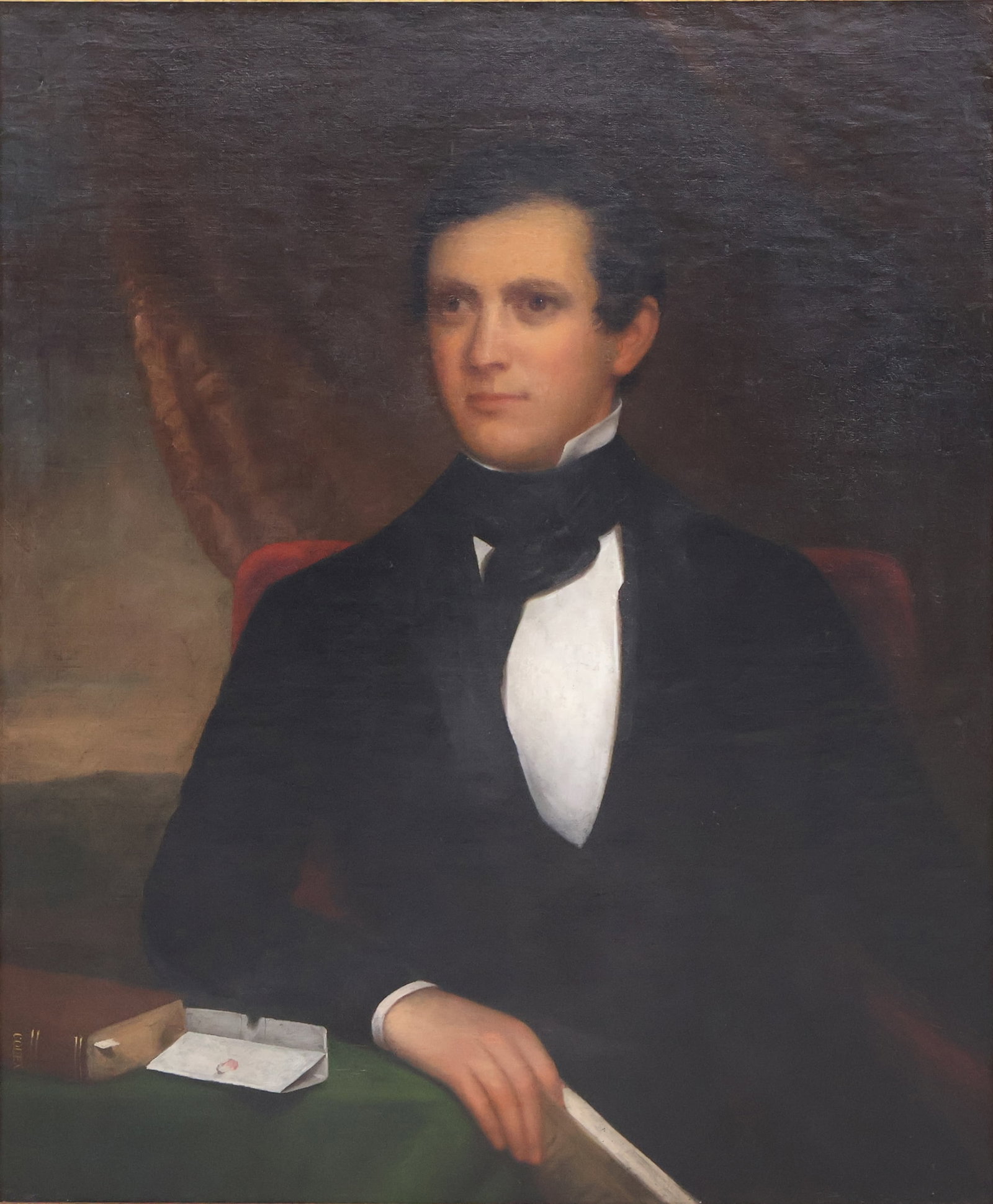 Portrait of a Gentleman with Codex Book, Oil on Canvas: Portrait of a Gentleman with Codex Book Oil on Canvas American, 19th C. appears to be unsigned. Sight: 35 1/2 x 28 1/2 in. (90.2 x 72.4 cm.), Frame: 41 1/2 x 34 1/2 in. (105.4 x 87.6 cm.)